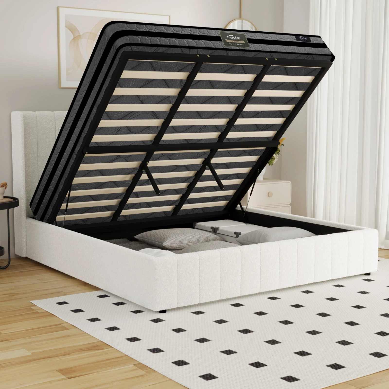 5 Oikiture Bed Frame King Size Gas Lift Storage Boucle Beds W/ Mattress Set BILY - White, 5 of 8