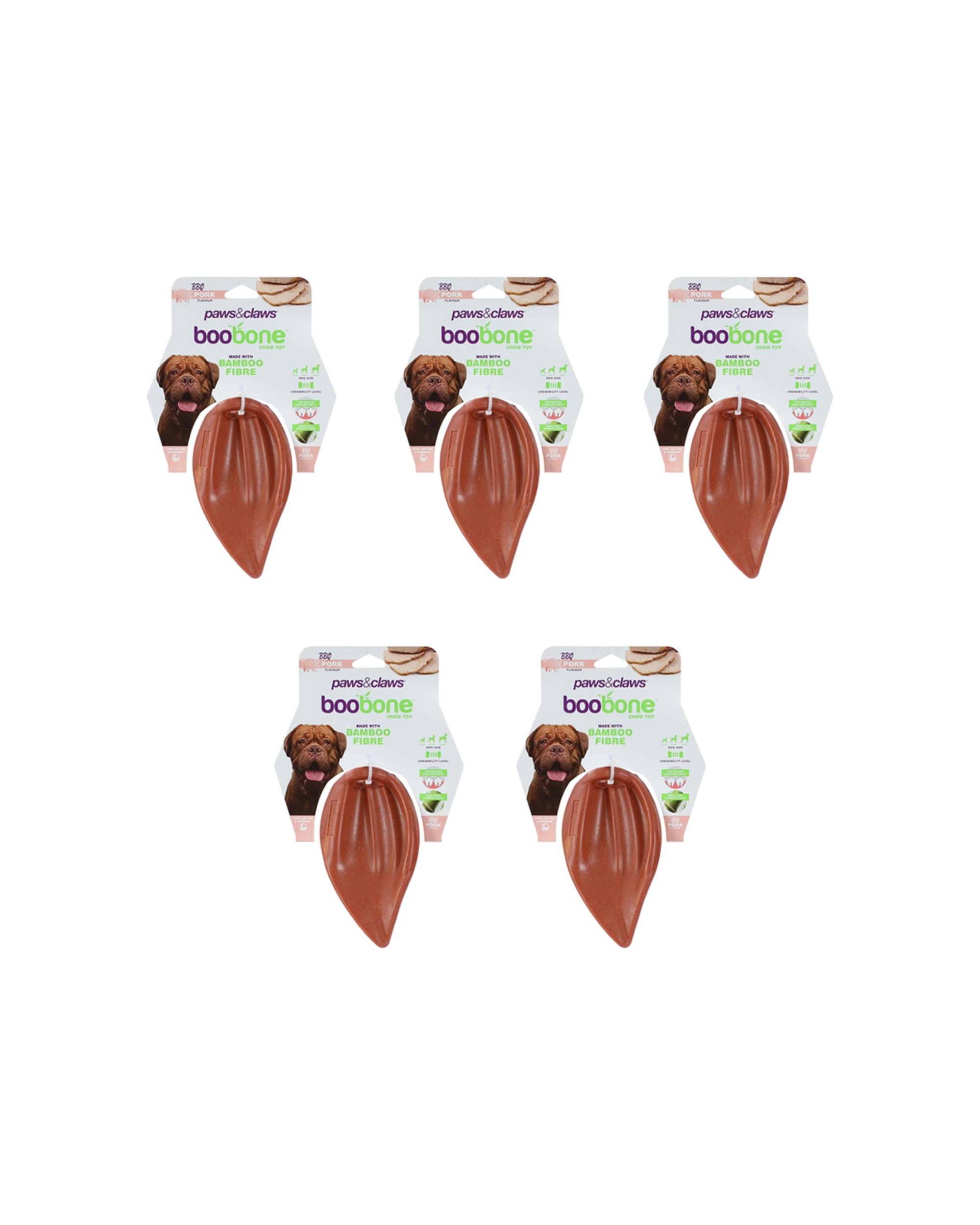 1 Paws And Claws BooBone 16cm Pigs Ear Chew Dog Toy 5 Pack BBQ Pork Bamboo Fibre - Brown, 1 of 3