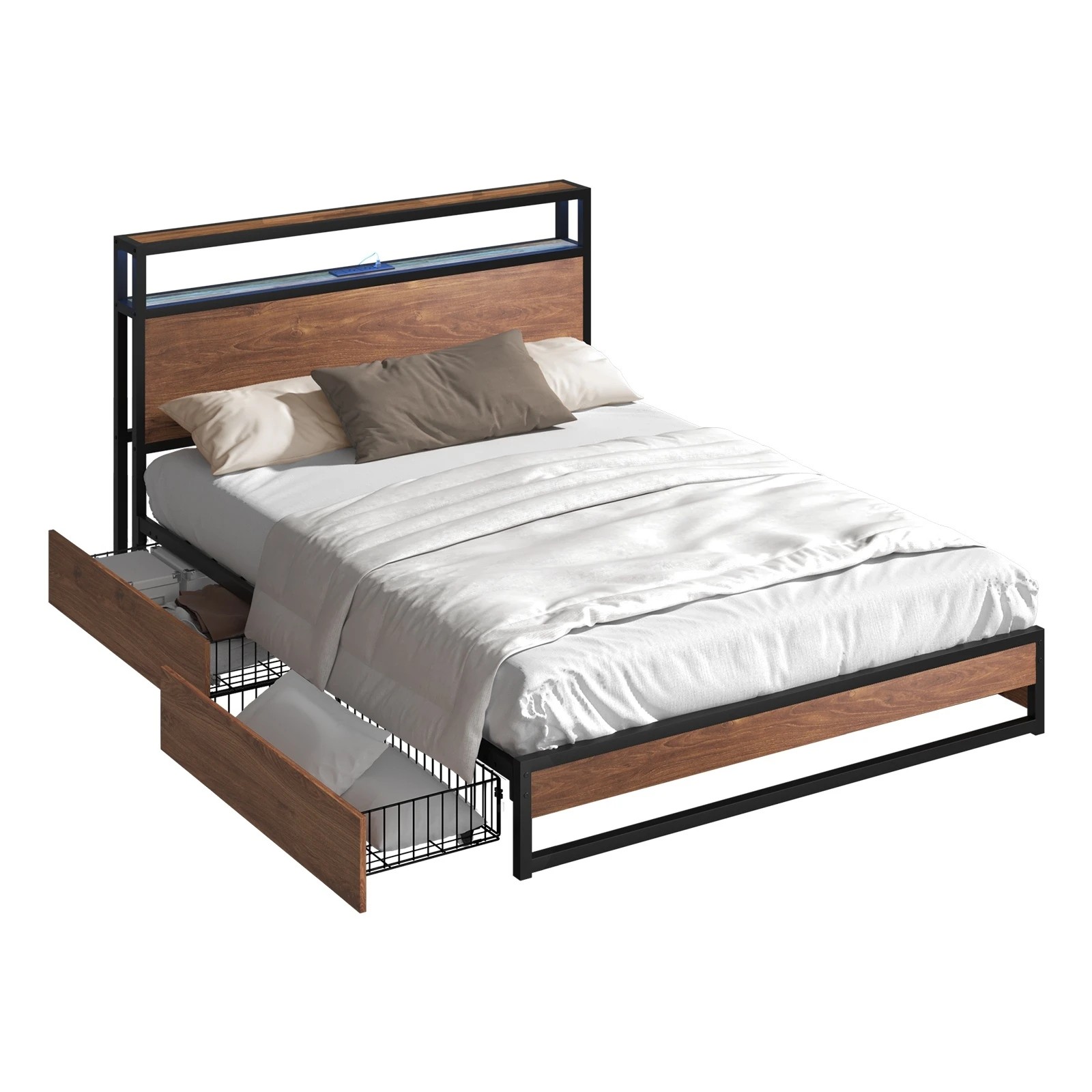1 Oikiture Metal Bed Frame Double Size With Led Headboard Storage Drawers Usb
 - Black, 1 of 6