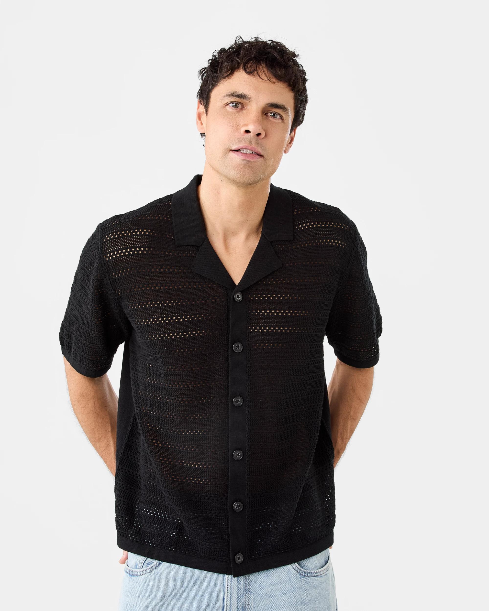 1 Short Sleeve Textured Knit Shirt Black, 1 of 6