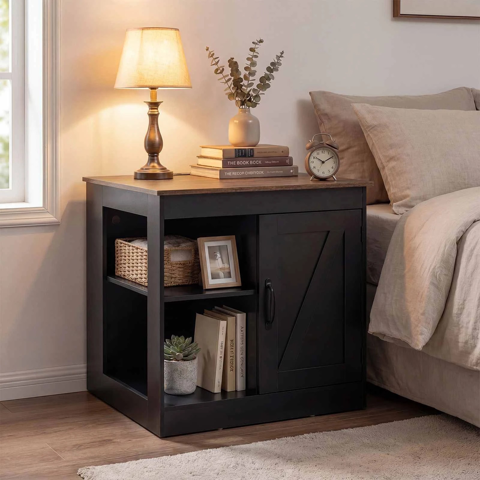 3 Costway Farmhouse End Table w/Power Outlets Sofa Bedside Table Nightstand, 3 of 4