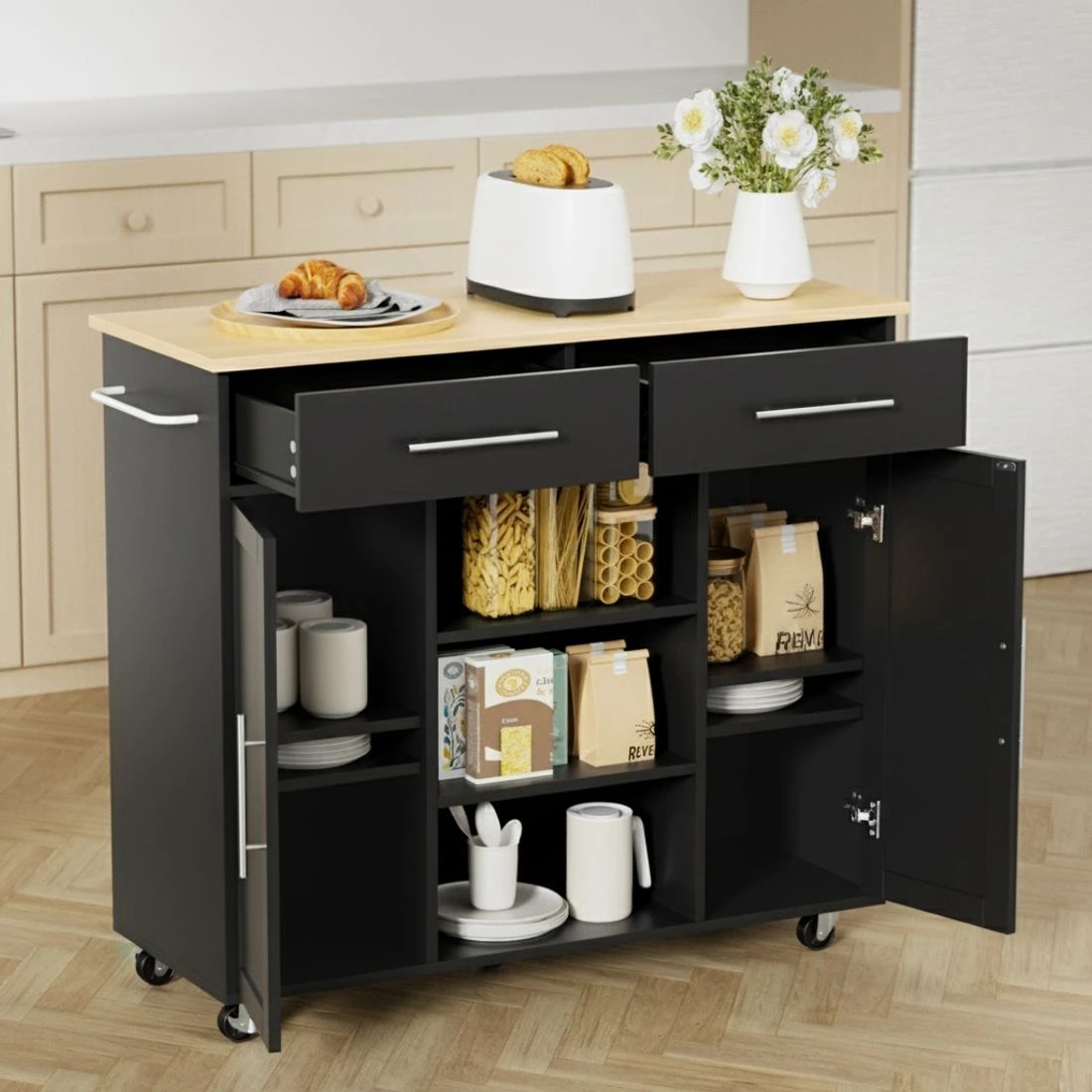 4 Artiss Kitchen Island Trolley Rolling Serving Cart Storage Drawer Cabinet 100cm - Black, 4 of 5