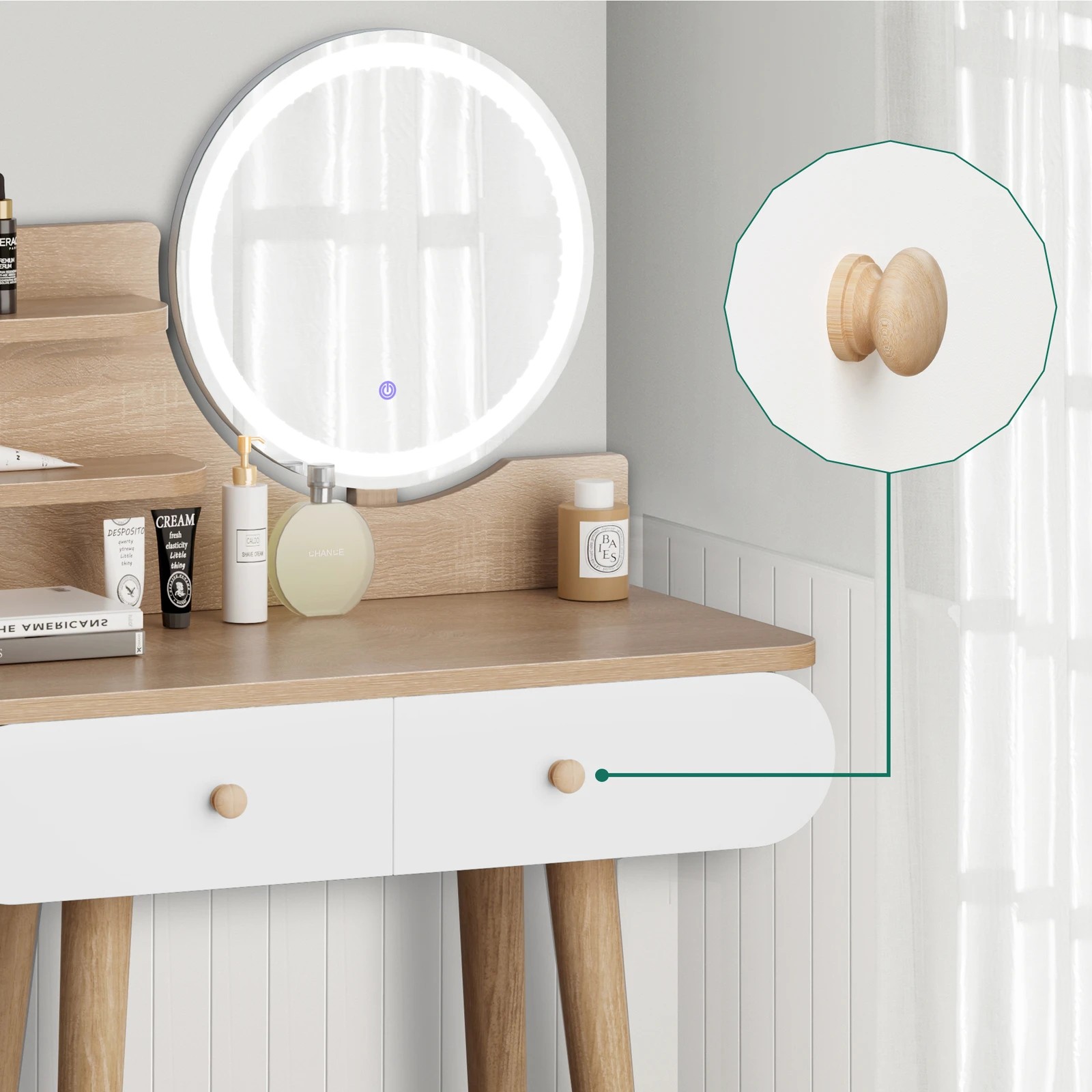 3 Alfordson Dressing Table Stool Set Makeup Mirror Vanity LED Light - Natural, 3 of 10