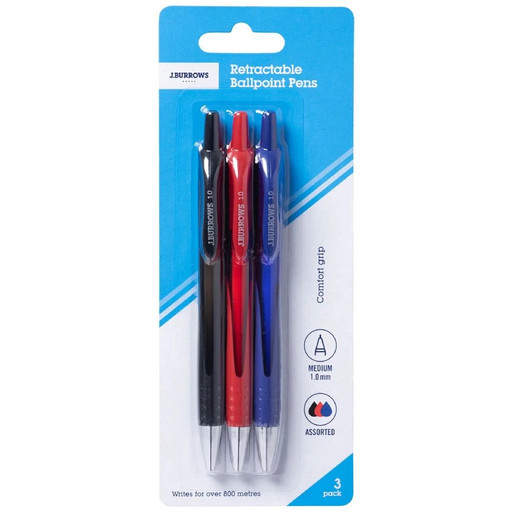 1 J.Burrows Retractable Ballpoint Pens Assorted 3 Pack, 1 of 2