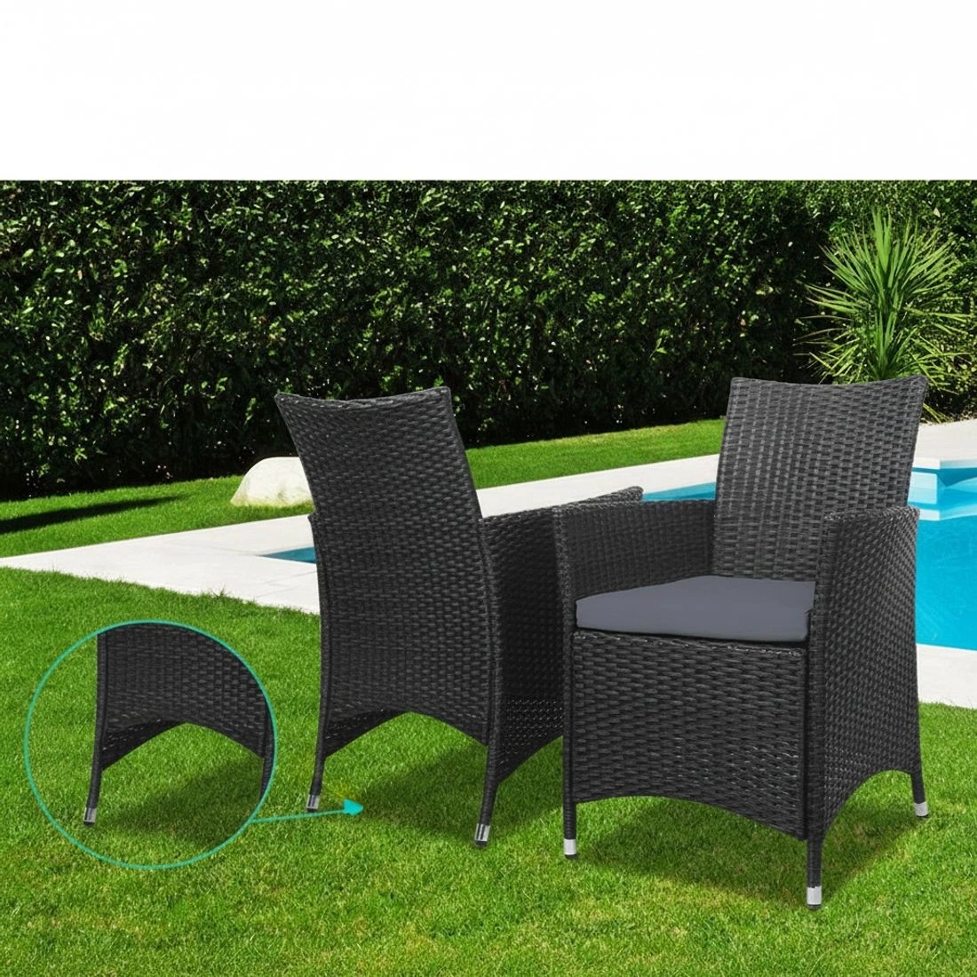 3 Gardeon 3PC Outdoor Bistro Set Patio Furniture Wicker Setting Chairs Table Cushion - Black, 3 of 8