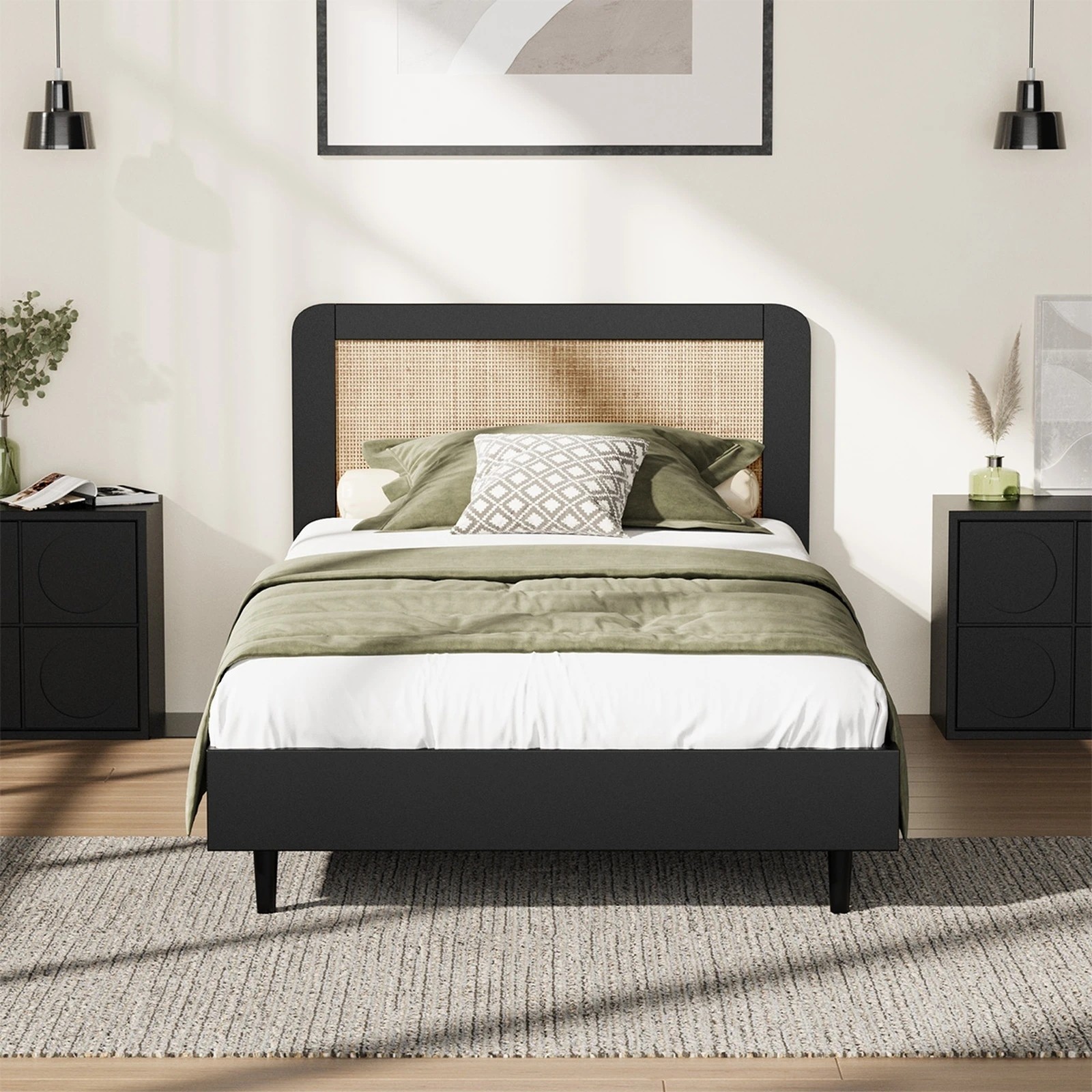 4 Oikiture Bed Frame Single Size Beds Real Rattan Headboard - Black, 4 of 10