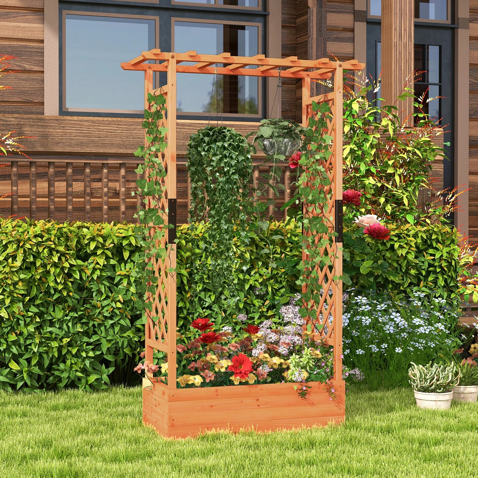 3 Costway Raised Garden Bed Wooden Planter Box Container w/Arch Trellis/Hanging Roof, 3 of 4