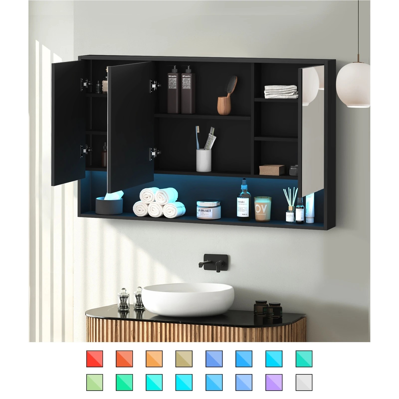 3 Welba Bathroom Mirror Cabinet Storage 1200x750mm - Black, 3 of 6