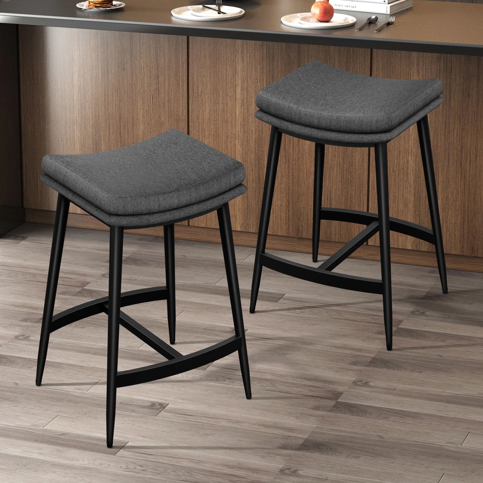 2 Alfordson 2x Bar Stools Saddle Seat Fabric - Dark Grey, 2 of 9