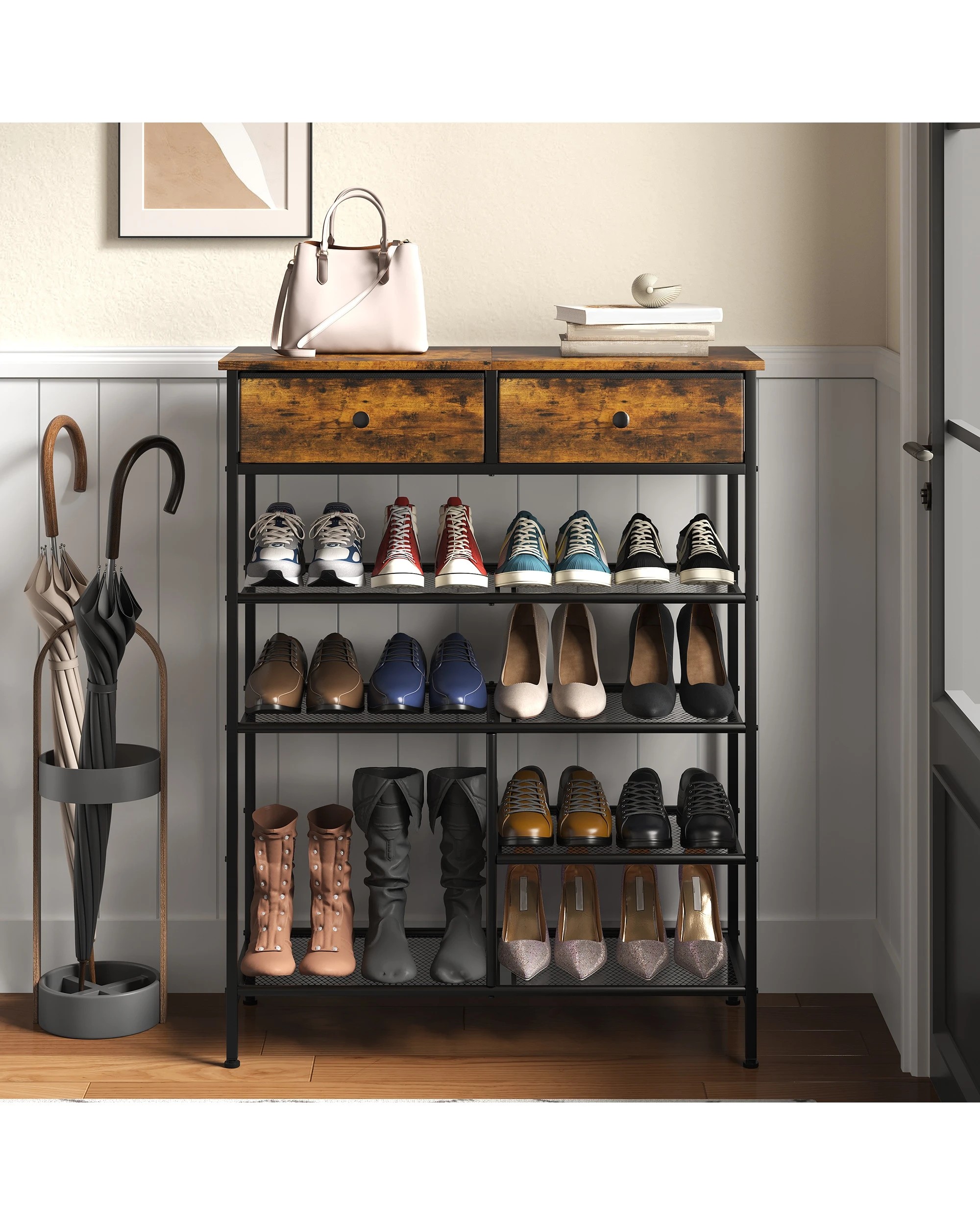 2 Advwin Shoe Rack Shoe Storage Organizer w/ 2 Drawers and Open Mesh Shelves Freestanding Shoe Shelves, 2 of 10