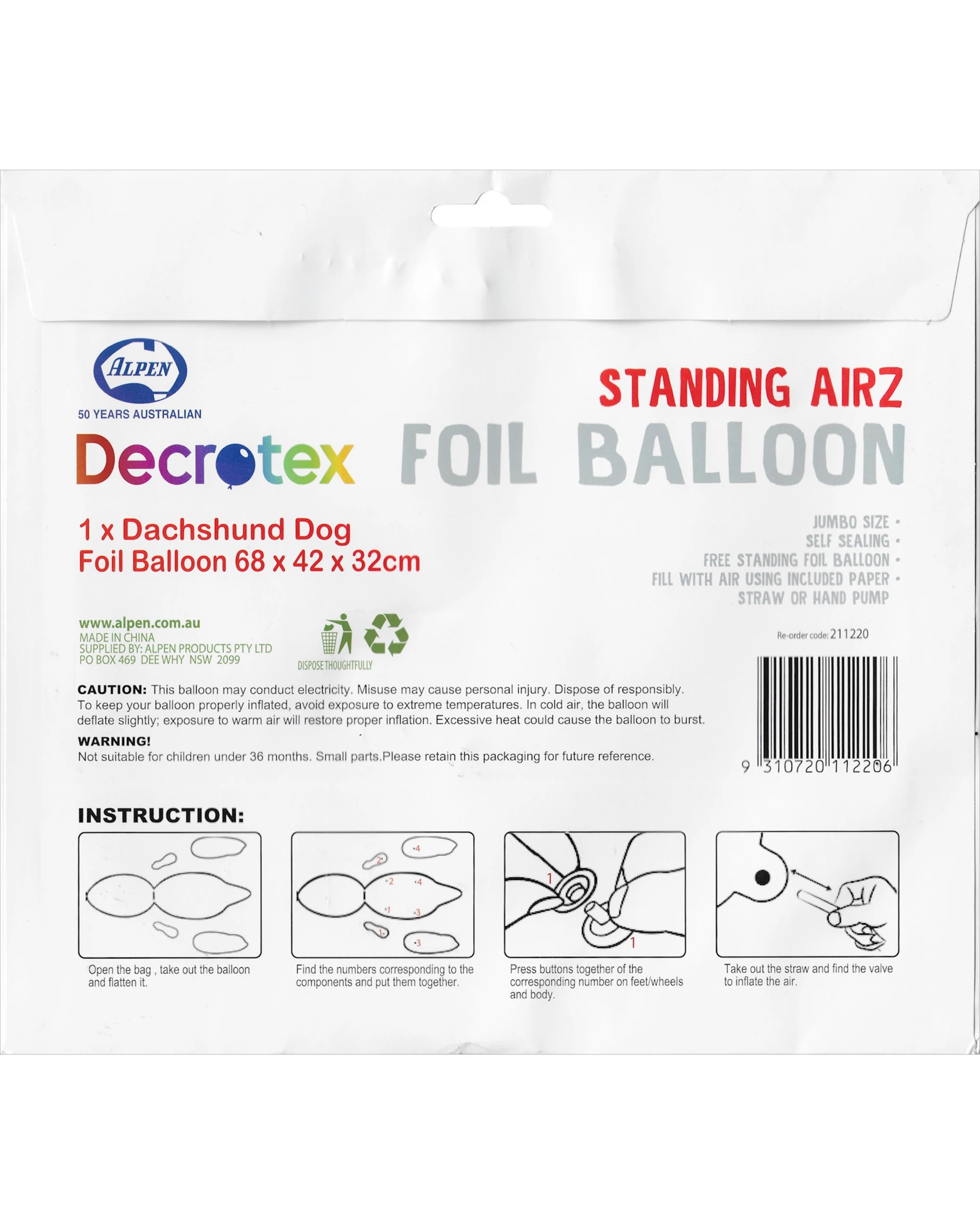 3 Decrotex Standing Airz Dachshund Air Fill Foil Balloon 68cm - Brown, 3 of 3