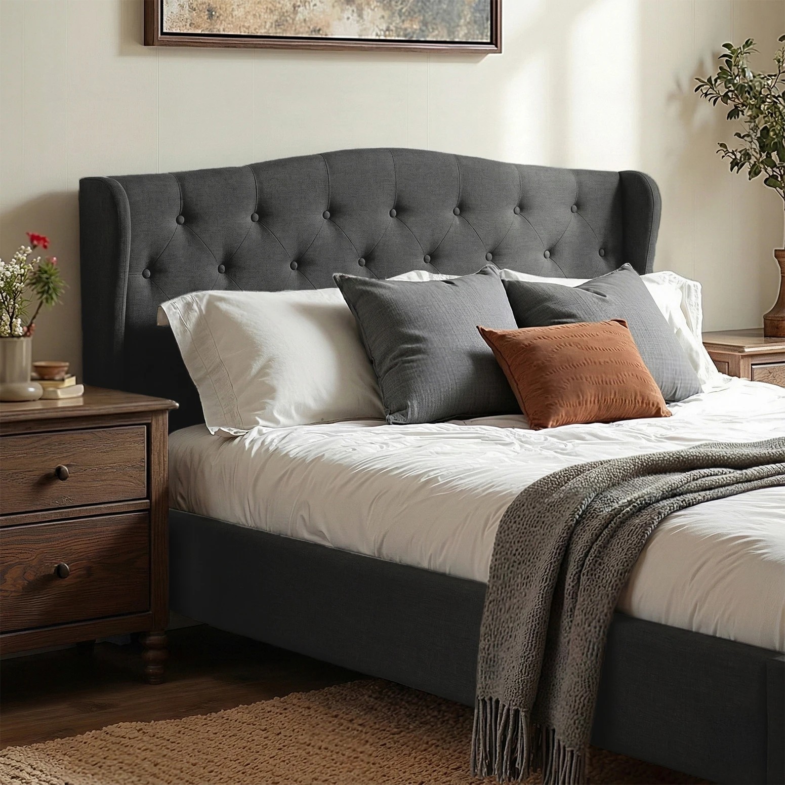 3 Artiss King Bed Frame Wingback Headboard Charcoal  Linen Upholste Platform - Charcoal, 3 of 6