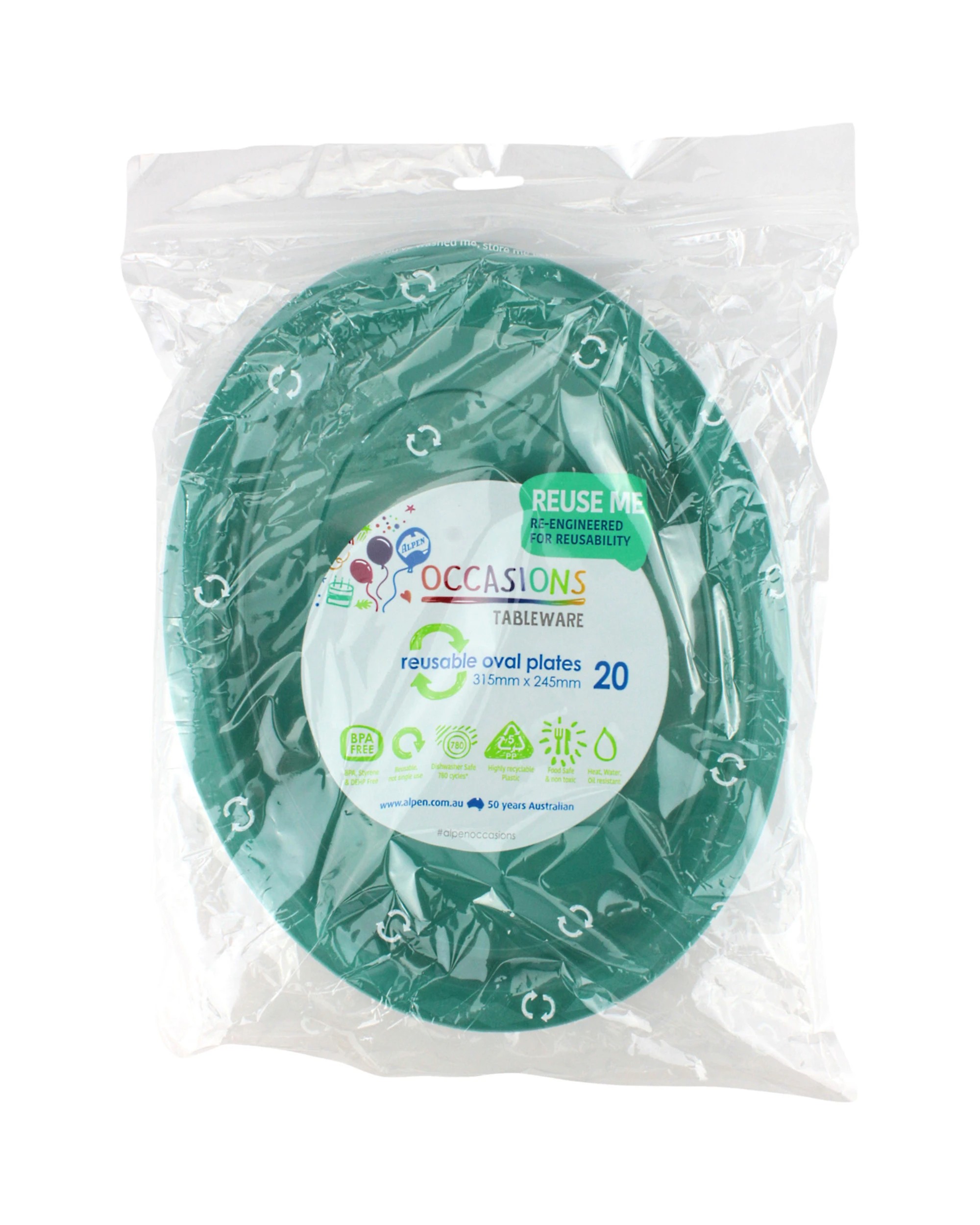 2 Alpen Reusable Oval Plates 31.5cm Pack of 20 - Jade Green - Green, 2 of 3