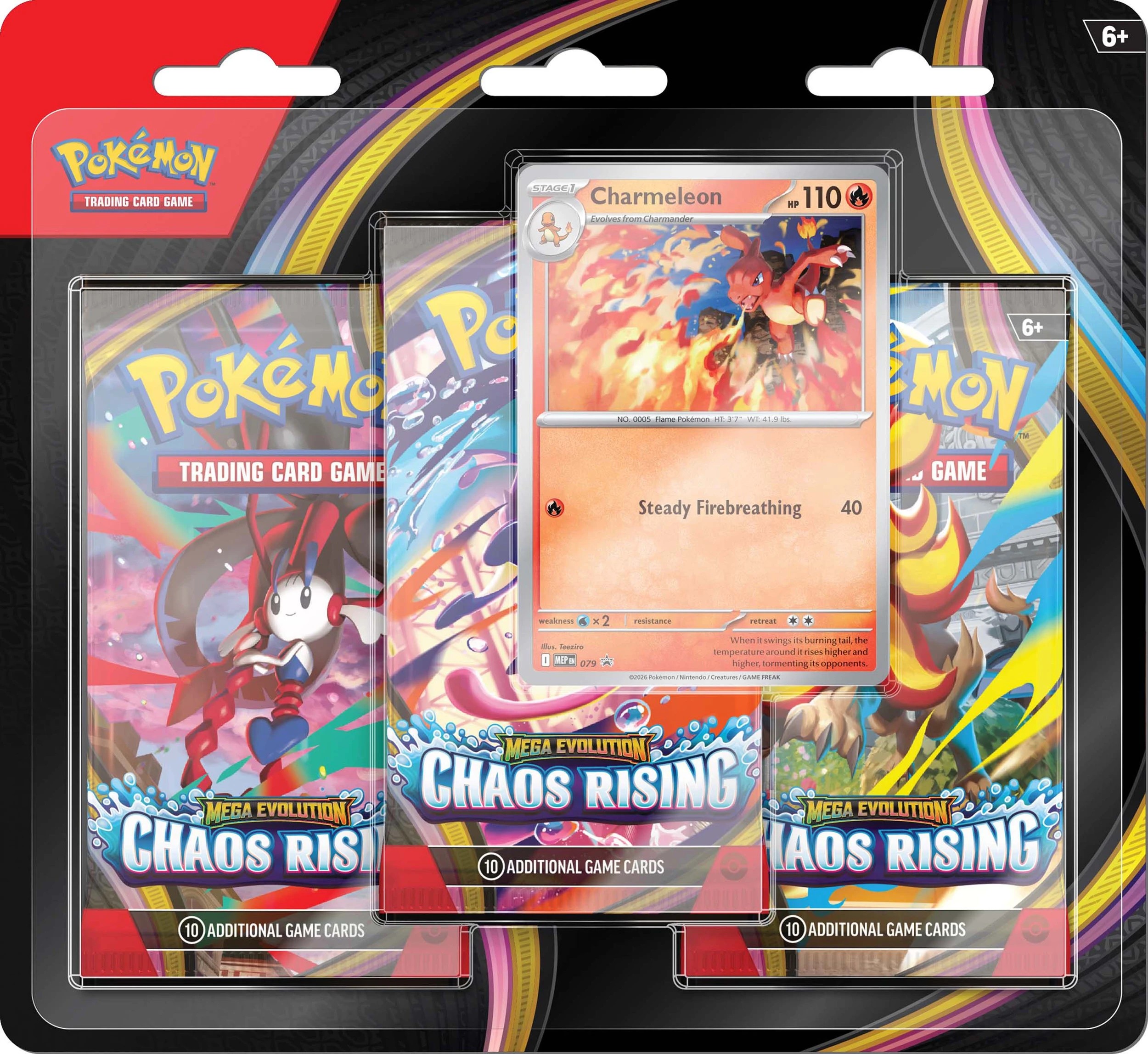 1 Pokemon Trading Card Game: Mega Evolution Chaos Rising 3-Booster Blister, 1 of 2