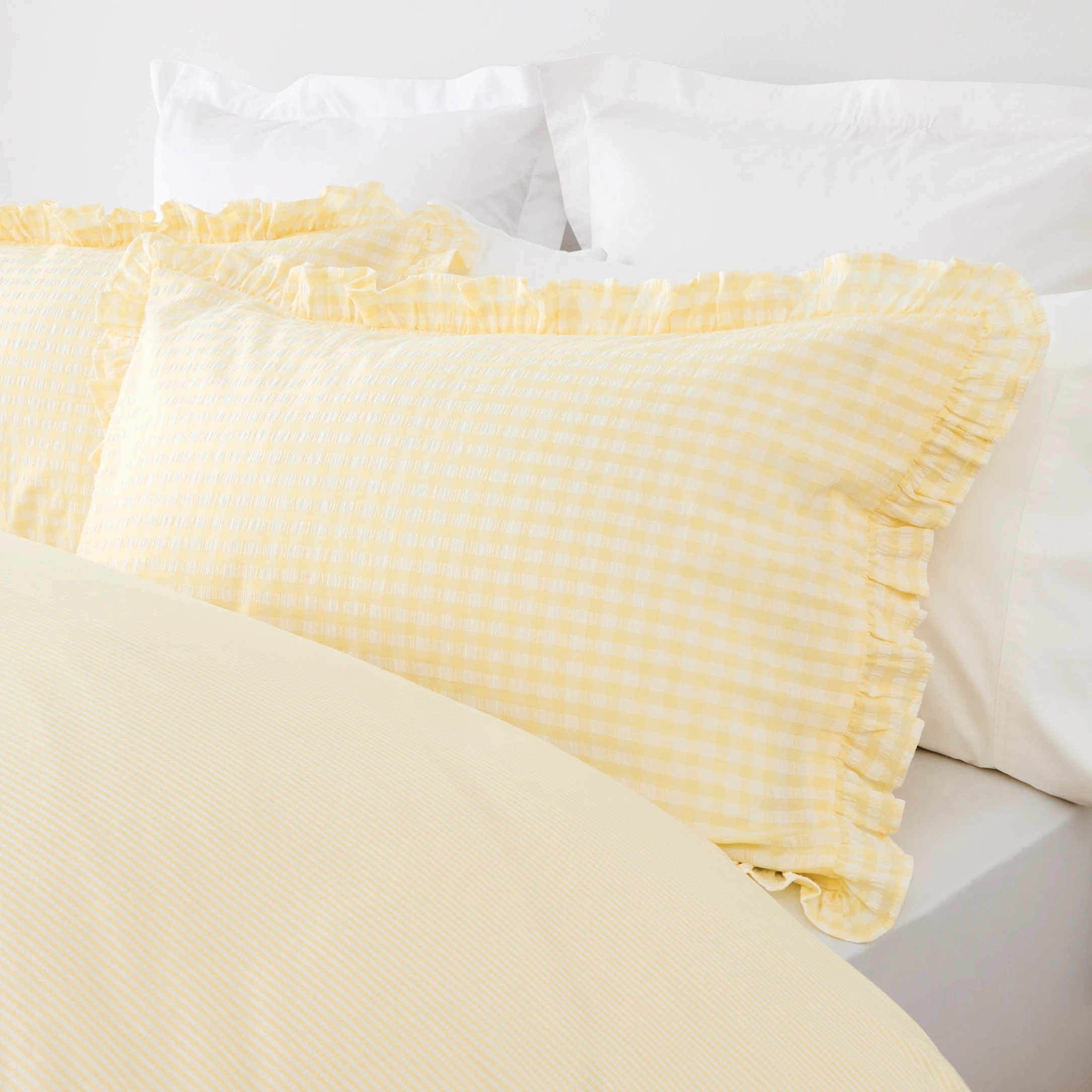 3 Gingham Ruffle Cotton Reversible Quilt Cover Set - Double Bed, Butter, 3 of 7