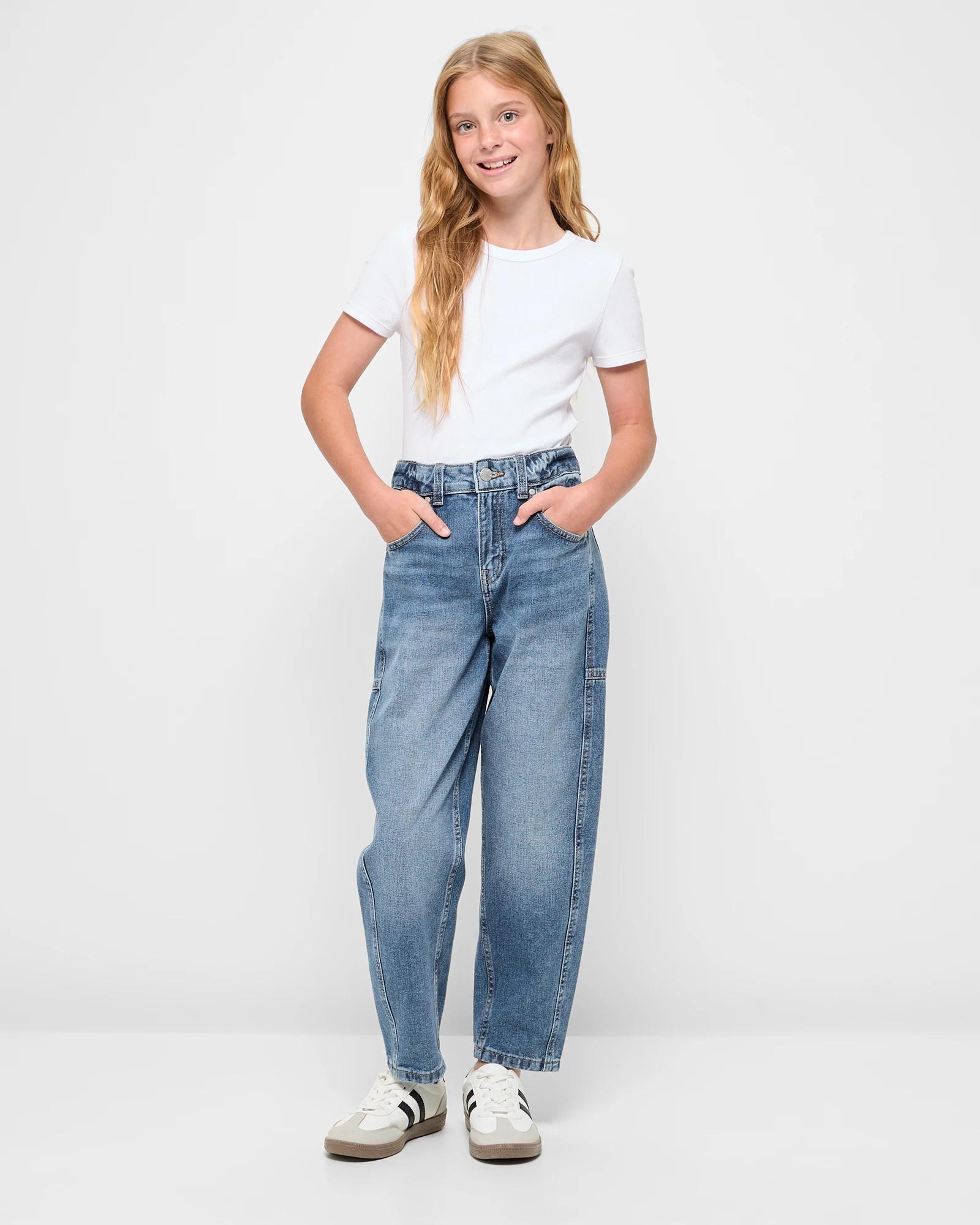 2 Target Denim Girls' Barrel-leg Jeans — Mid Wash Blue, Adjustable Waist (size 9) MID WASH, 2 of 5