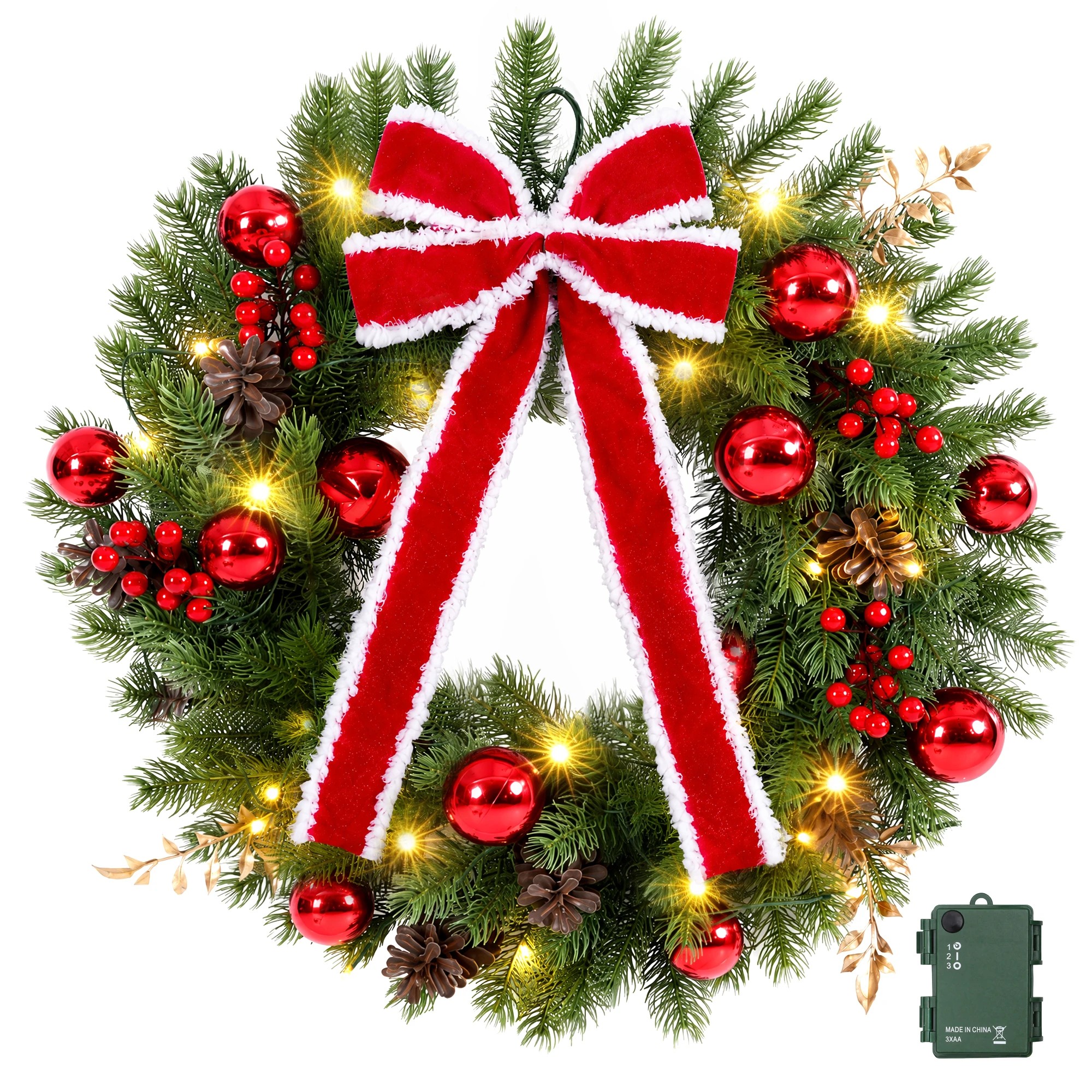 1 Jingle Jollys 60cm Pre-lit Christmas Wreath Garlands LED Light Front Door Decor Bow - Green, 1 of 7