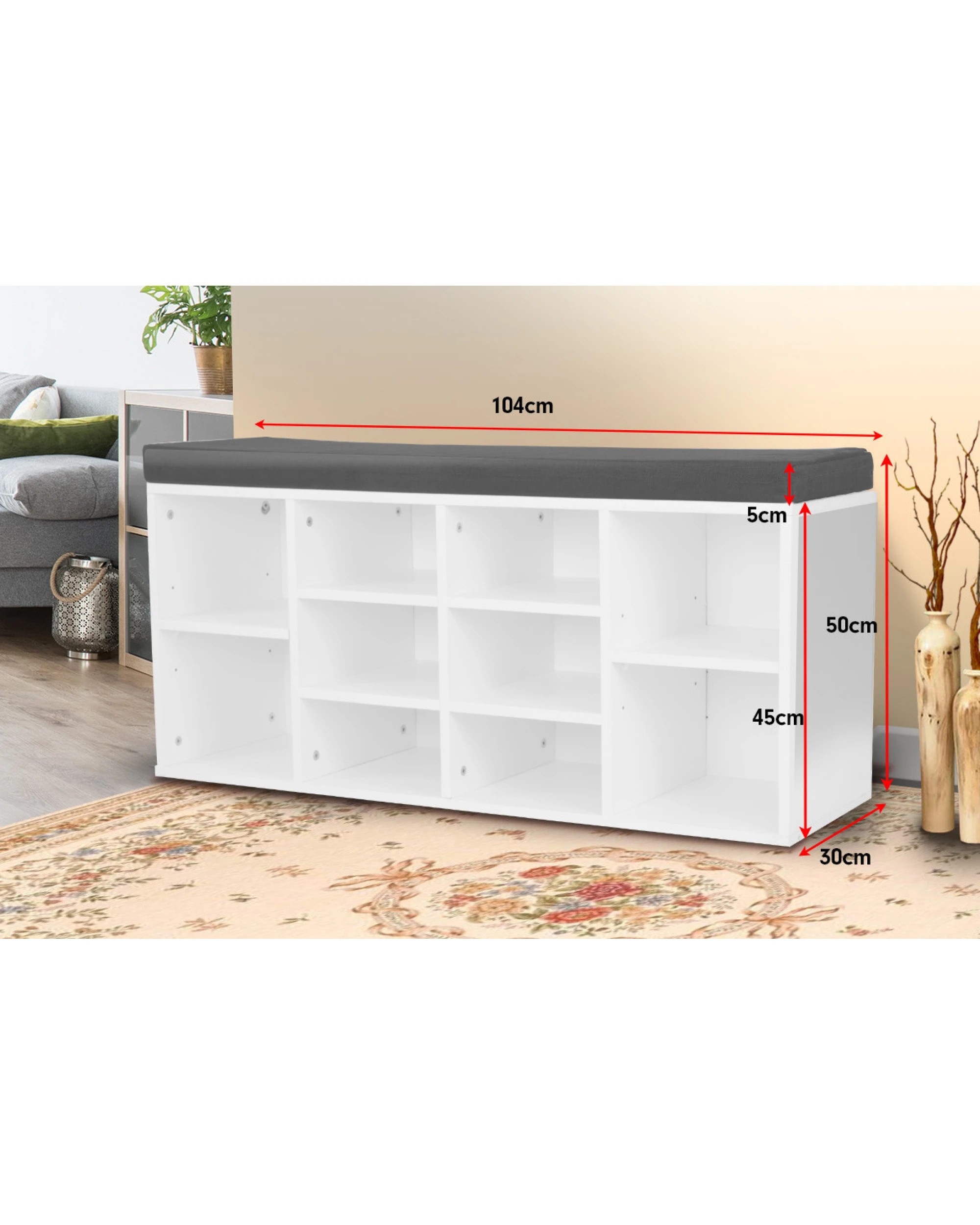 4 Shoe Rack Cabinet Organiser Grey Cushion - 104 X 30 X 45 - White, 4 of 8