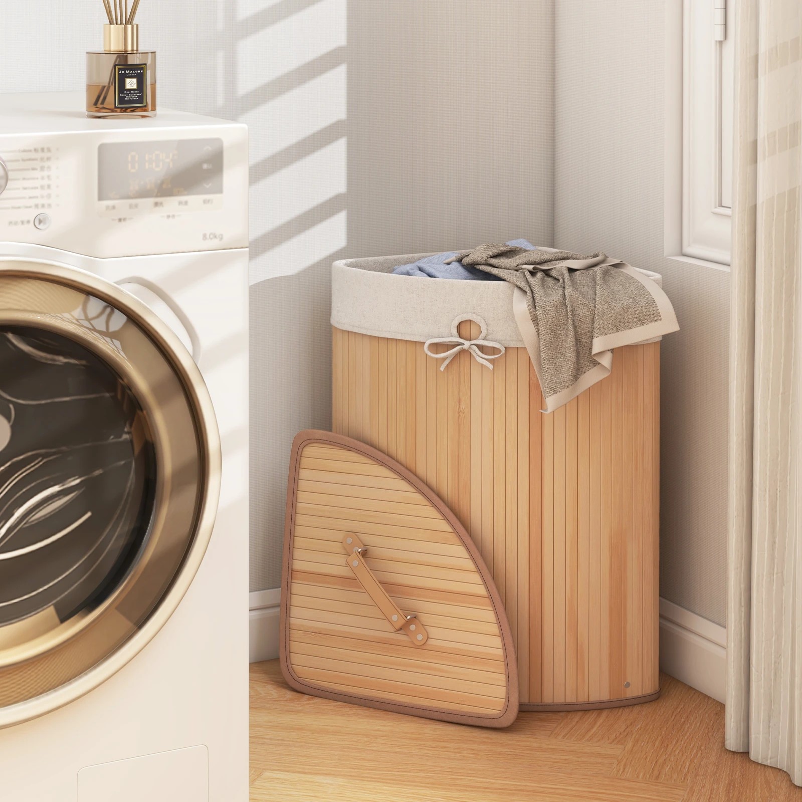 2 Costway 72L Bamboo Laundry Hamper Corner Storage Basket w/Lid - Natural, 2 of 5