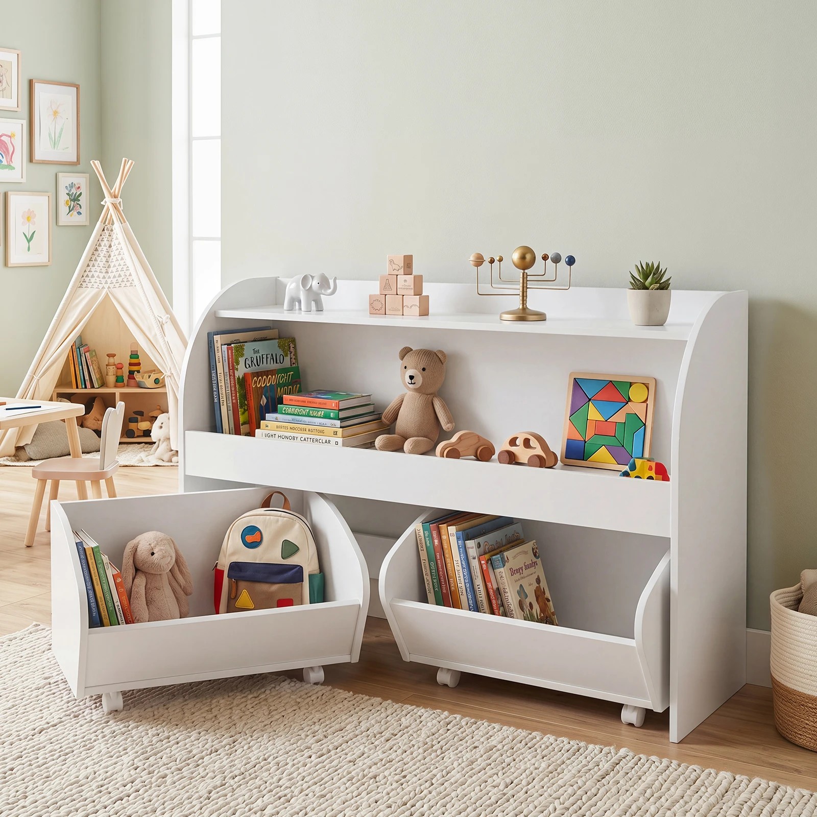 5 Costway Toy Storage Organizer Cabinet Montessori Bookshelf 2 Rolling Drawers - White, 5 of 5