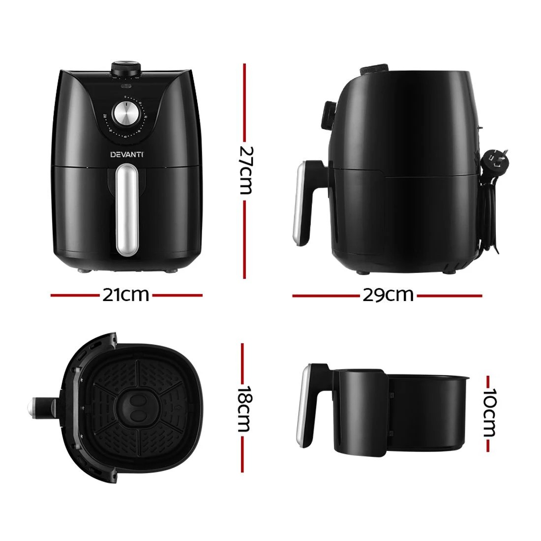 1 Devanti Air Fryer 2.5L Knob Fryers - Black, 1 of 7