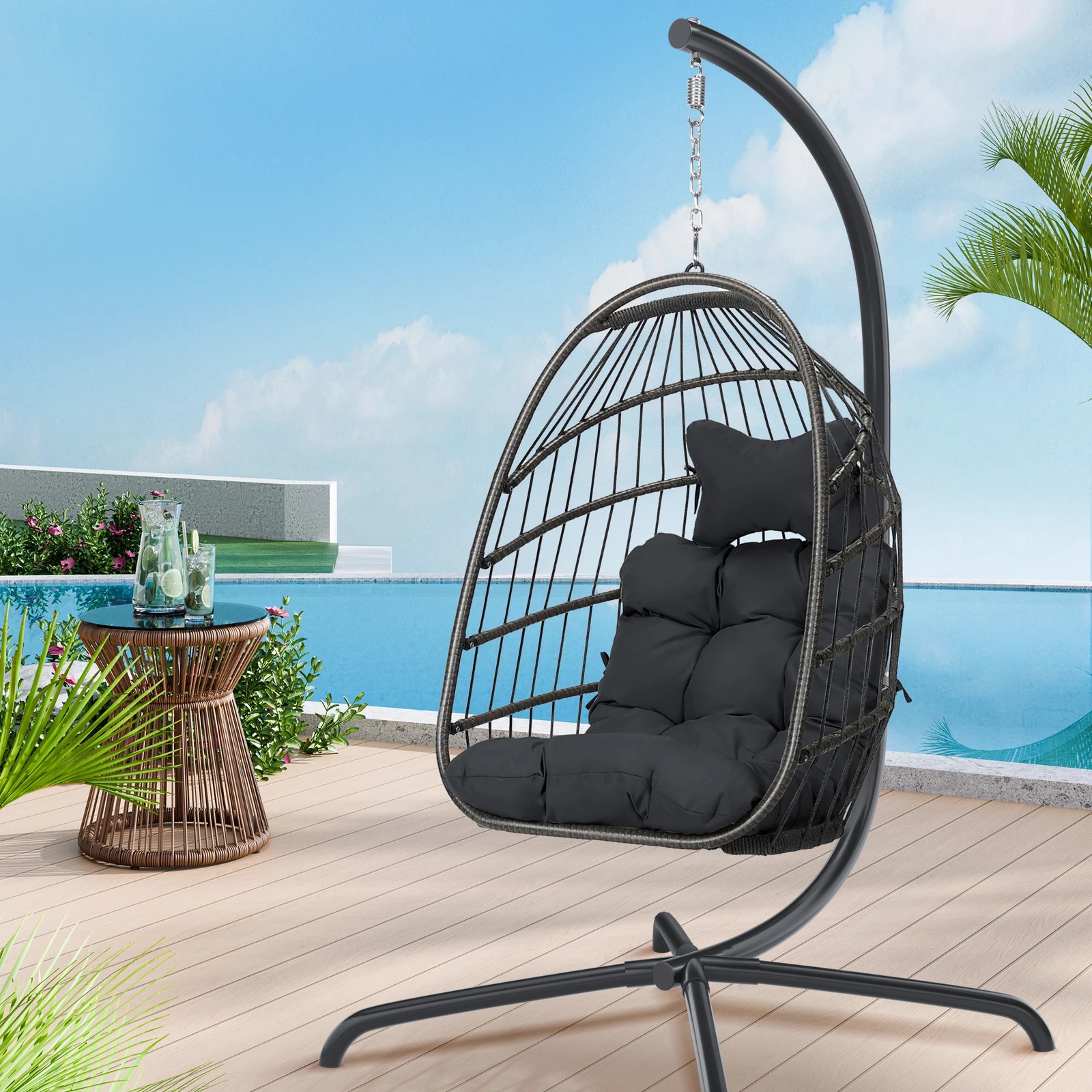 2 Alfordson Outdoor Egg Swing Chair Wicker Rattan Pod Foldable Seat - Grey, 2 of 10
