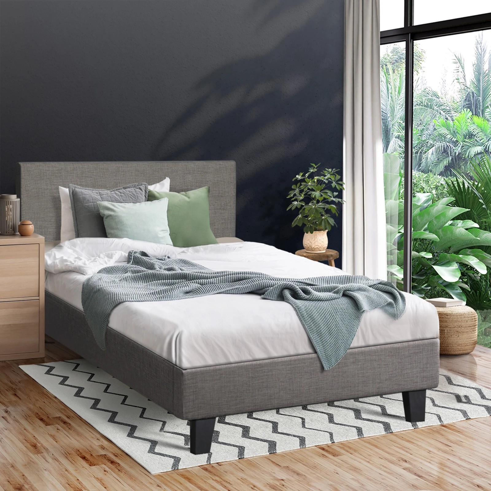 3 Oikiture Bed Frame King Single Size Wooden Slats Fabric - Grey, 3 of 10