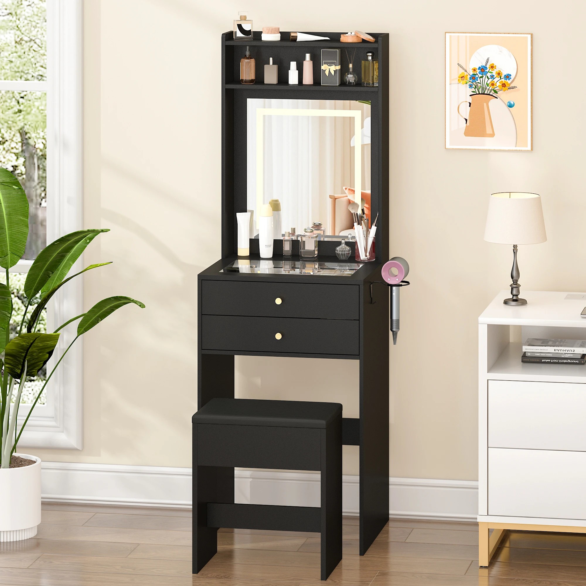 3 Advwin Dressing Table Stool Set Glass Desktop Mirror LED Light 2 Drawers - Black, 3 of 8