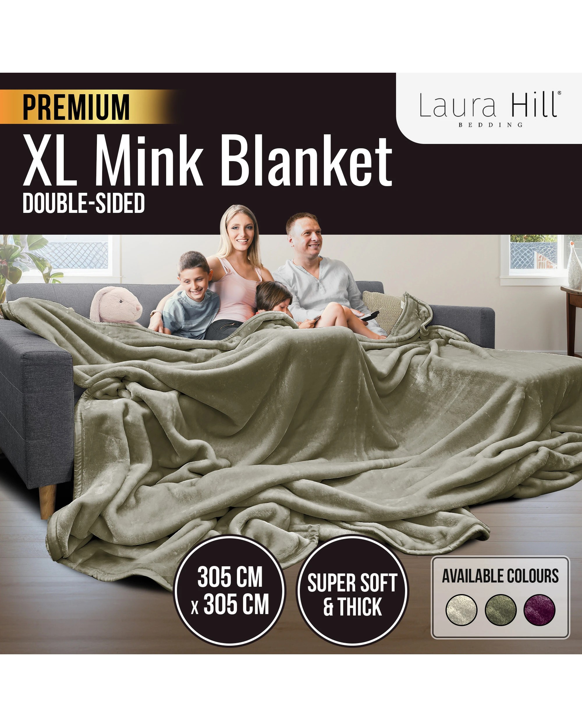 2 Laura Hill 3m X 3m Xl Faux Mink Blanket Double-sided Soft Plush Bed Oversized Throw Rug Olive
 - Super King Bed, 2 of 9