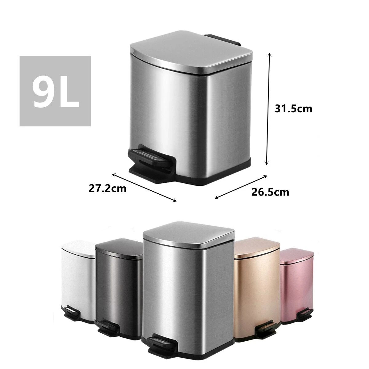 4 AUSWAY 9L Small Rubbish Pedal Bin stainless steel waste bin Square 9L capacity, 4 of 6