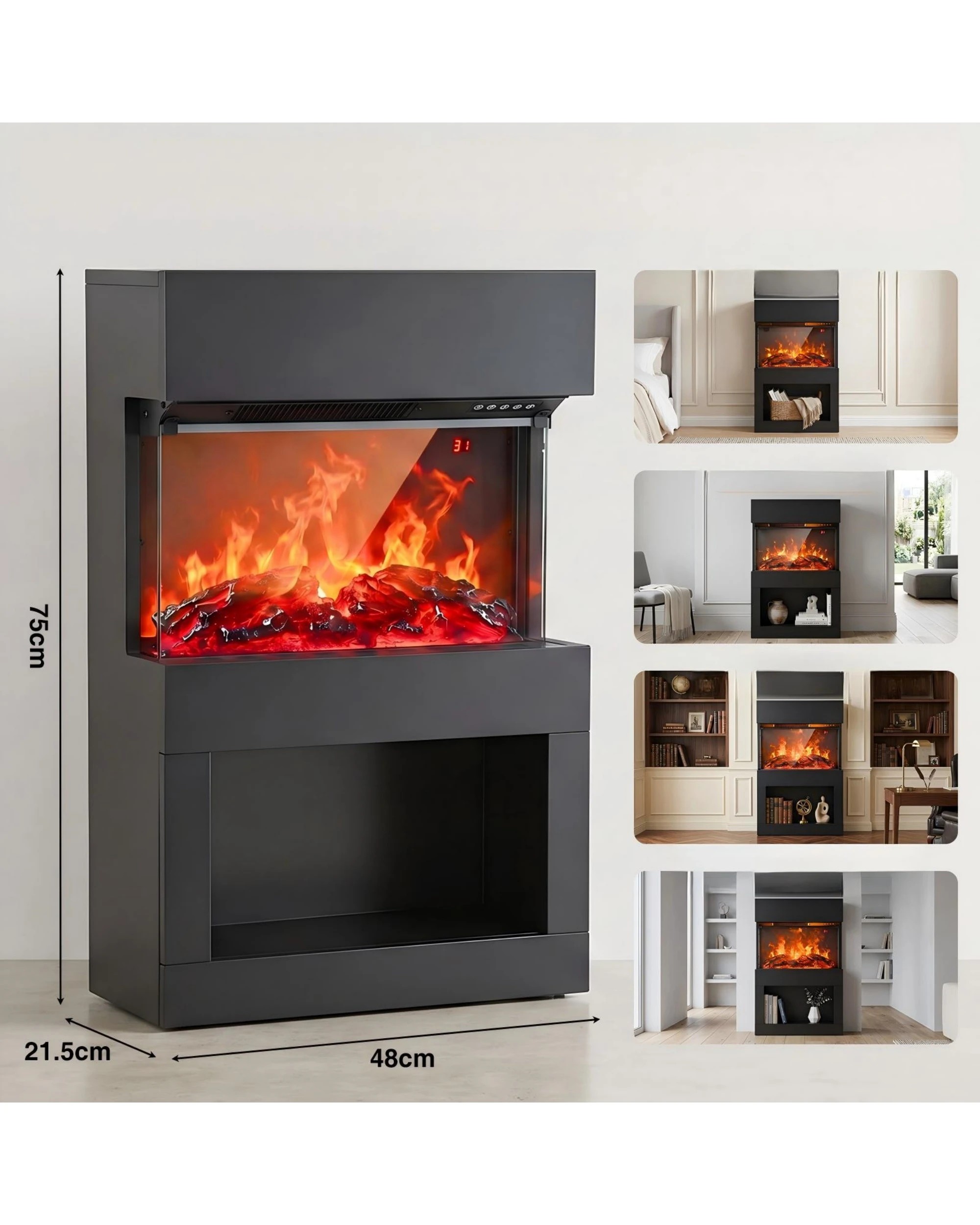 2 Yopower Electric Fireplace with Lower Storage 3D Flame 2-Heat Level Timer Remote - Black, 2 of 7