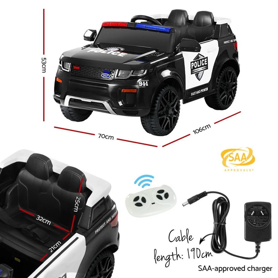 2 Rigo Kids Electric Ride On Patrol Police Car Horn Music Remote - Black, 2 of 5