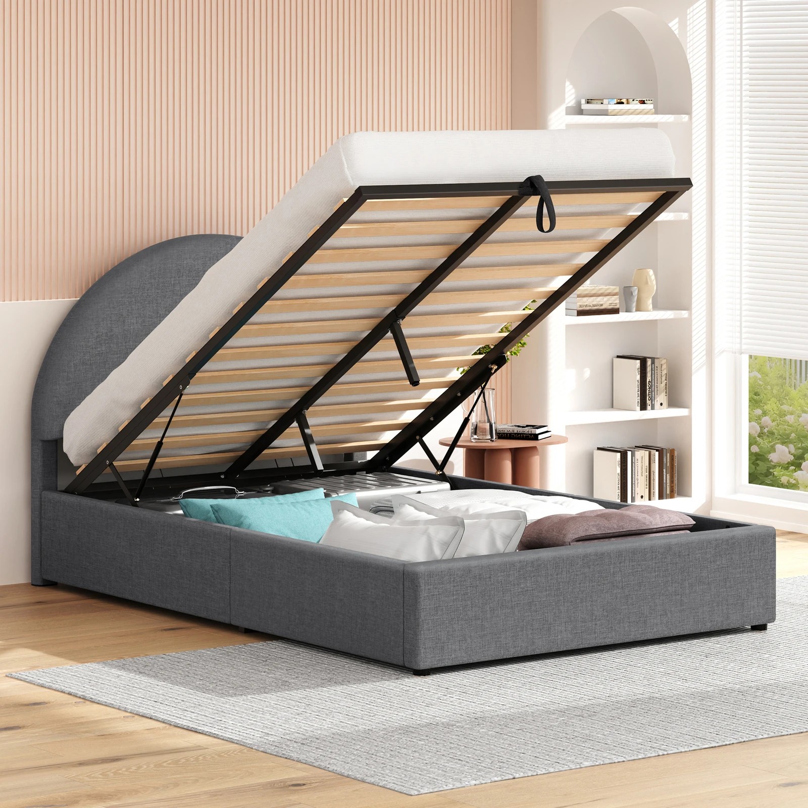 4 Alfordson Bed Frame King Single Arched Base Gas Lift Storage Fabric Hoult - Grey, 4 of 10