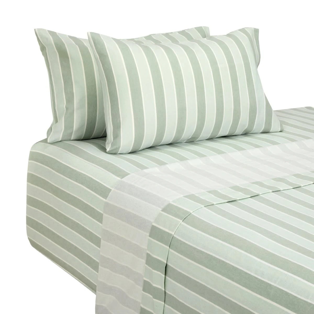 5 Stripe Flannelette Cotton Sheet Set - Double Bed, Sage, 5 of 7