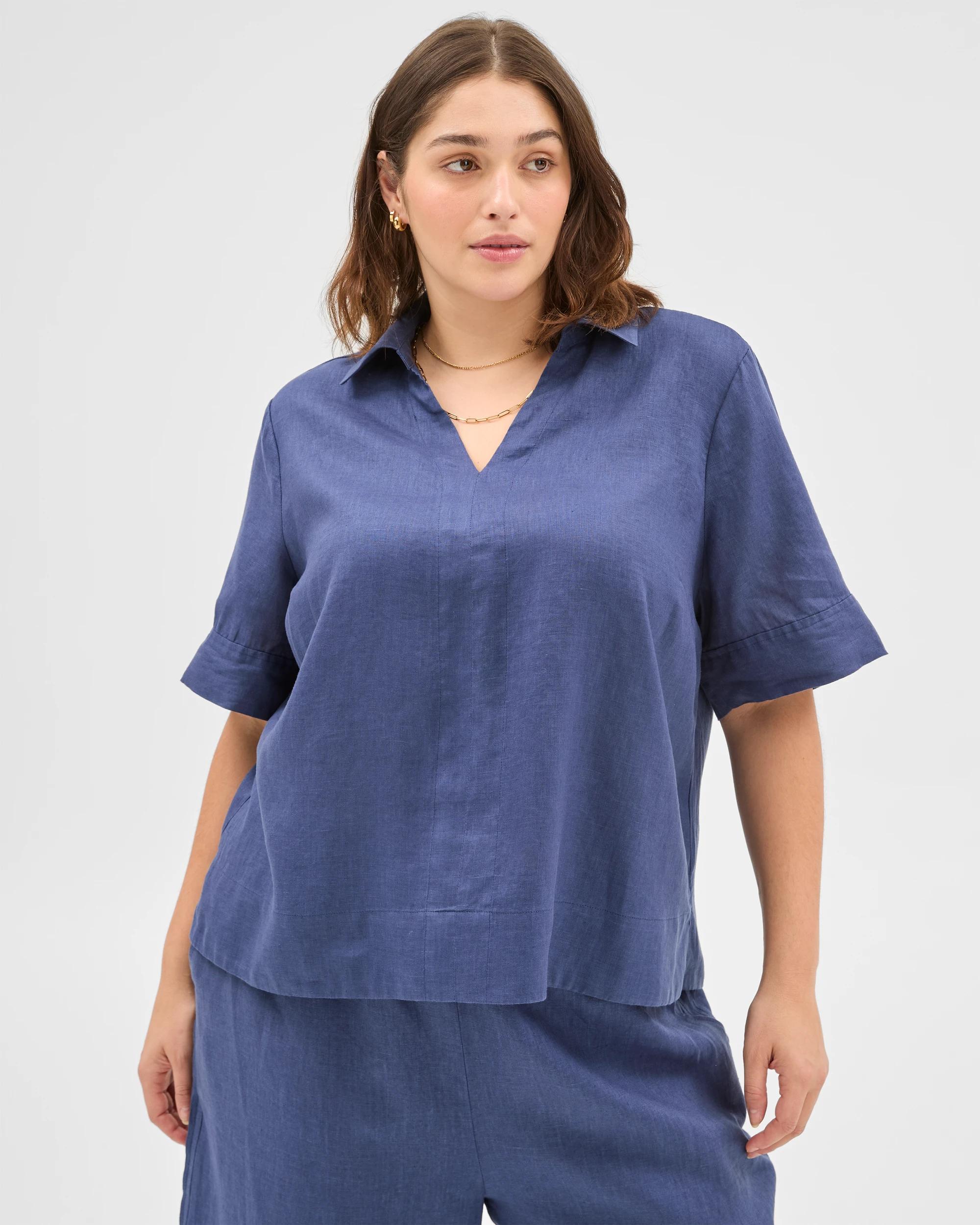 2 Target Plus Size European Linen Popover Blouse INDIGO, 2 of 6