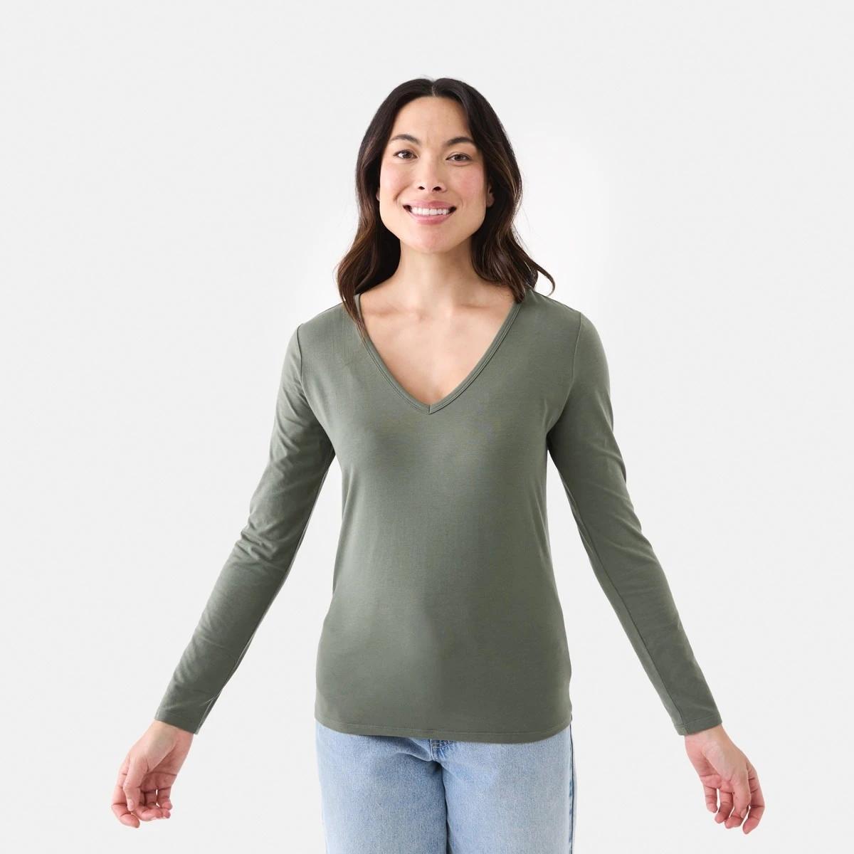 1 Long Sleeve Stretch V-Neck T-shirt Grn Olive, 1 of 5