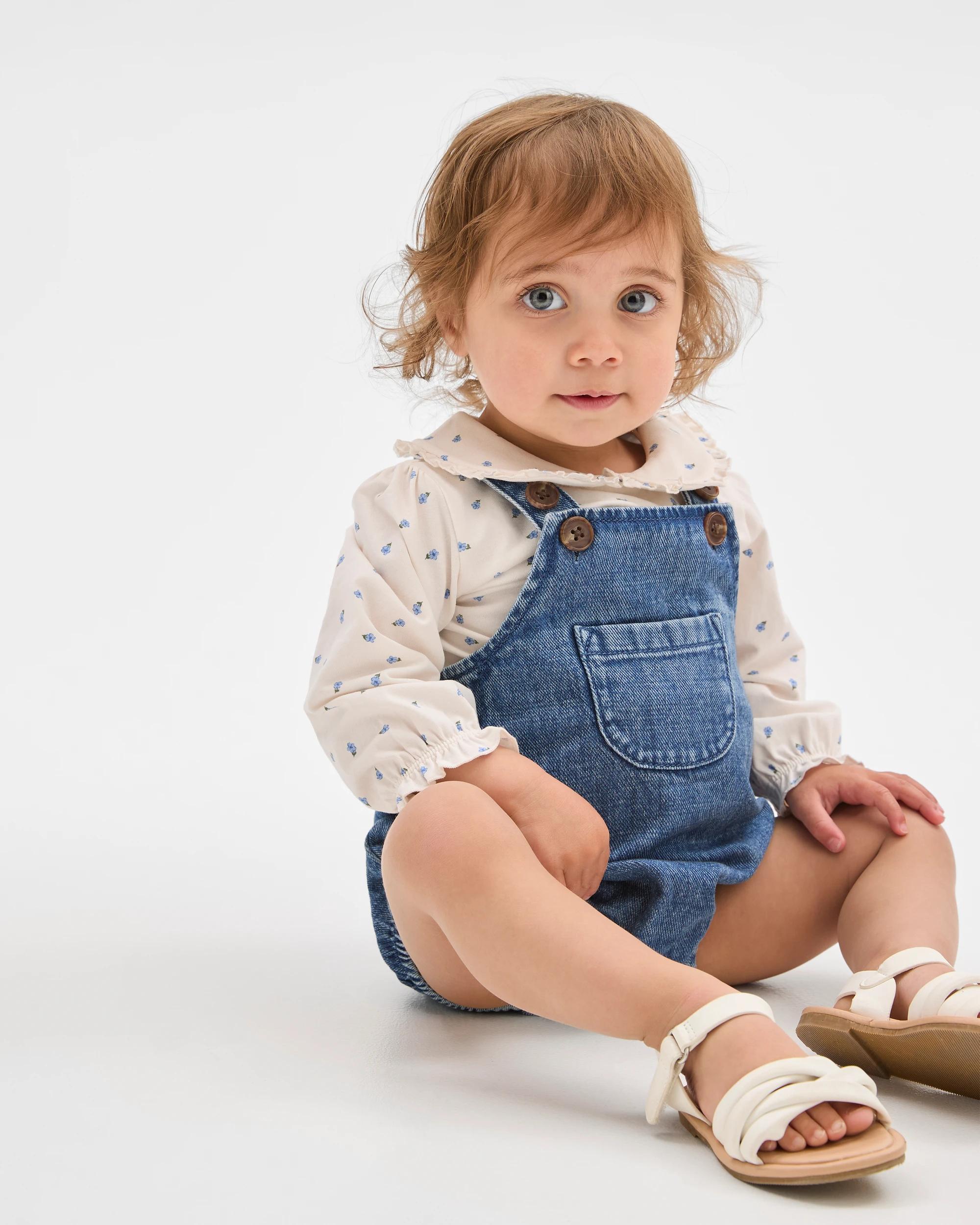 2 Target Baby Denim Romper and Frill Collar Blouse Set MID WASH, 2 of 5