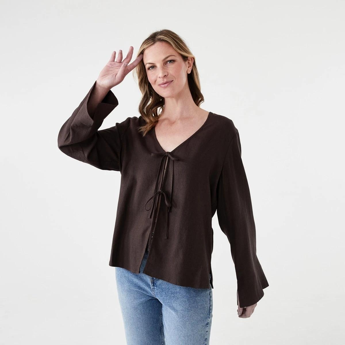 1 Long Sleeve Tie Front Linen Blend Top MELTED CHOCOLATE, 1 of 6