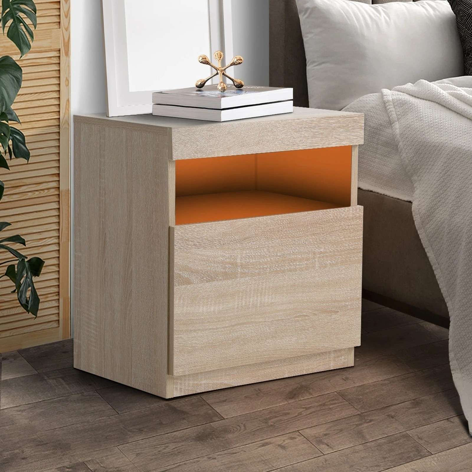 3 Oikiture Bedside Tables Set of 2 LED Nightstand Shelf Side End Table - Natural, 3 of 7