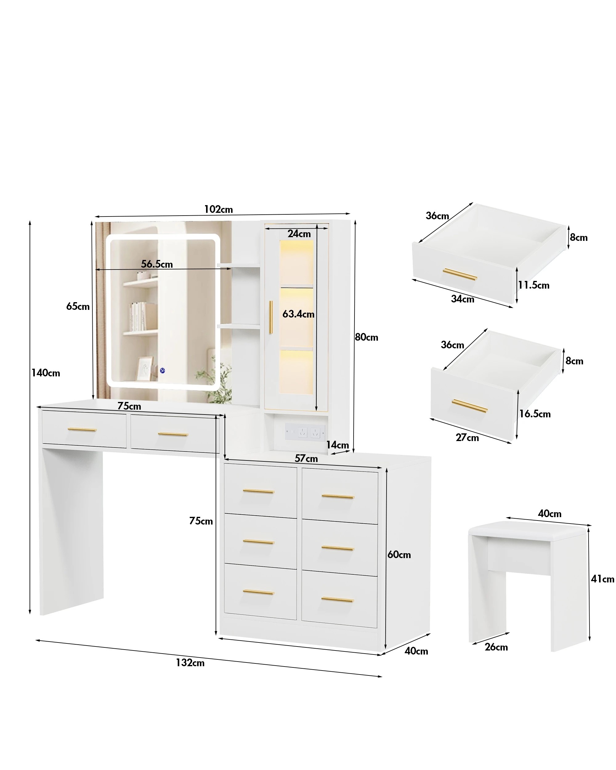 3 Advwin Dressing Table with LED Mirror RGB Cabinet 8 Drawers & Charging Station - White, 3 of 9