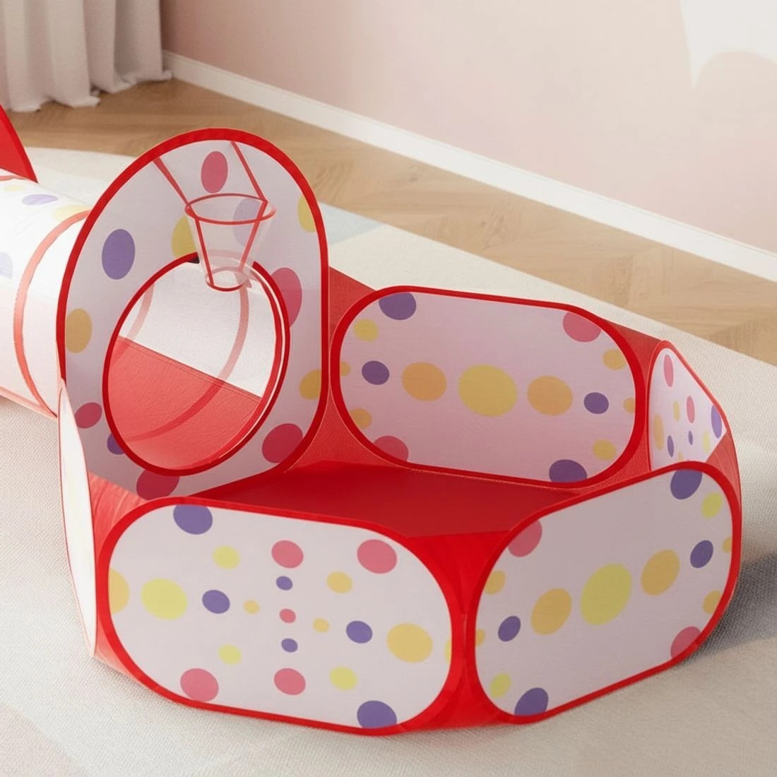 4 Keezi Kids Playhouse Play Tent Pop Up Teepee Ball Pit Tunnel Basketball Hoop - Red, 4 of 4