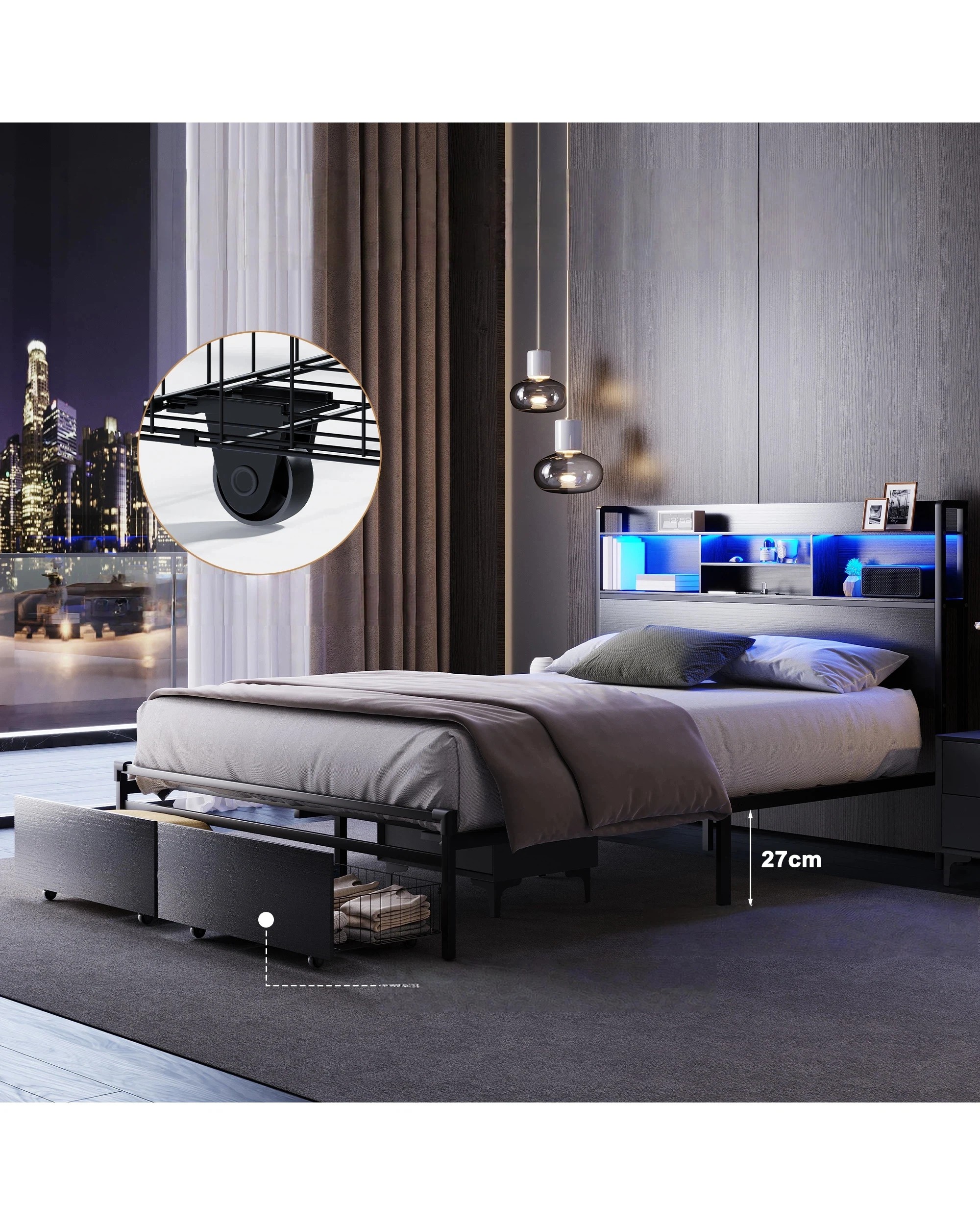 3 Advwin Queen Size Bed Frame with 2 Drawers Led Light & Charging Station Black, 3 of 7