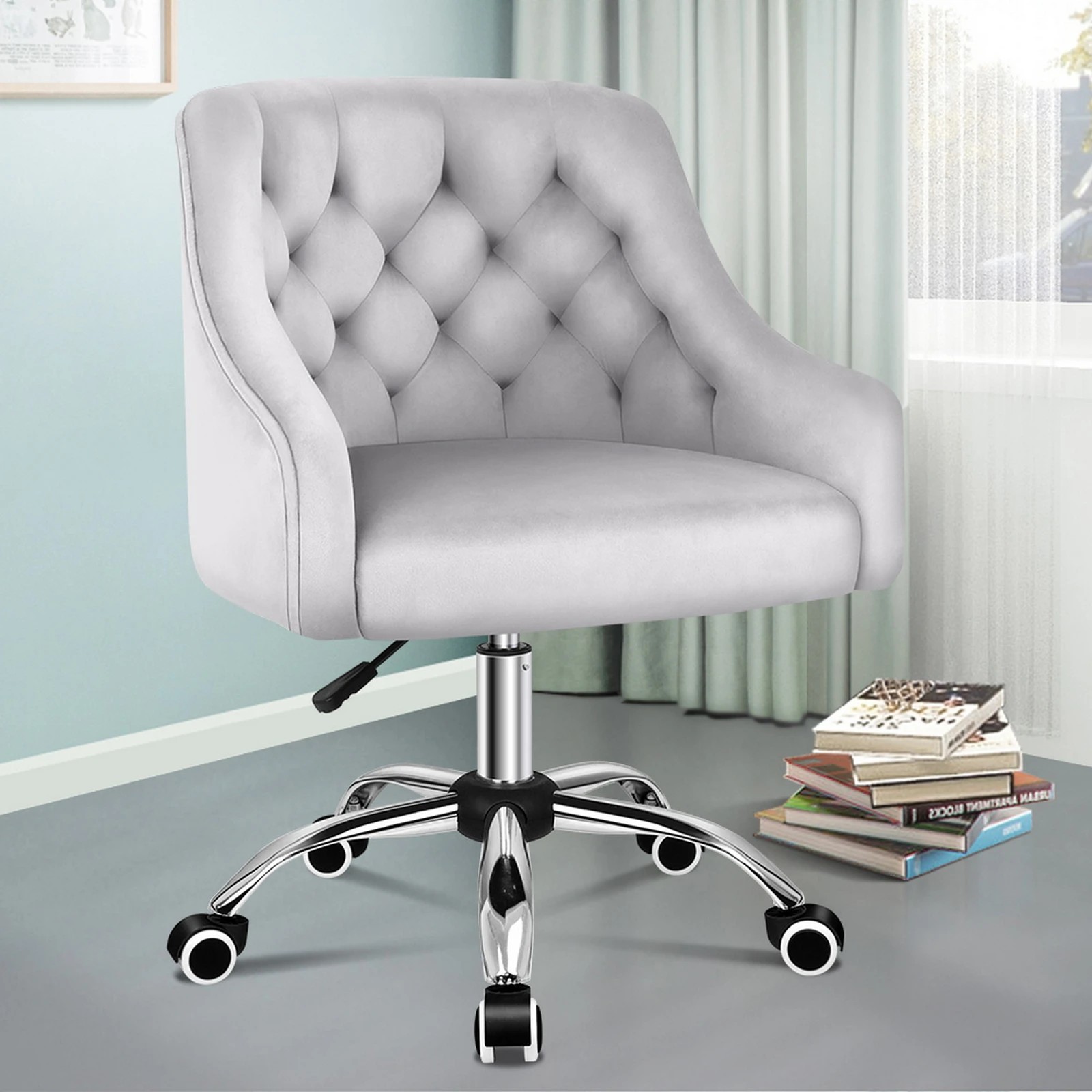 10 Alfordson Velvet Office Chair Computer Swivel Armchair Work Adult Kids - Grey, 10 of 10