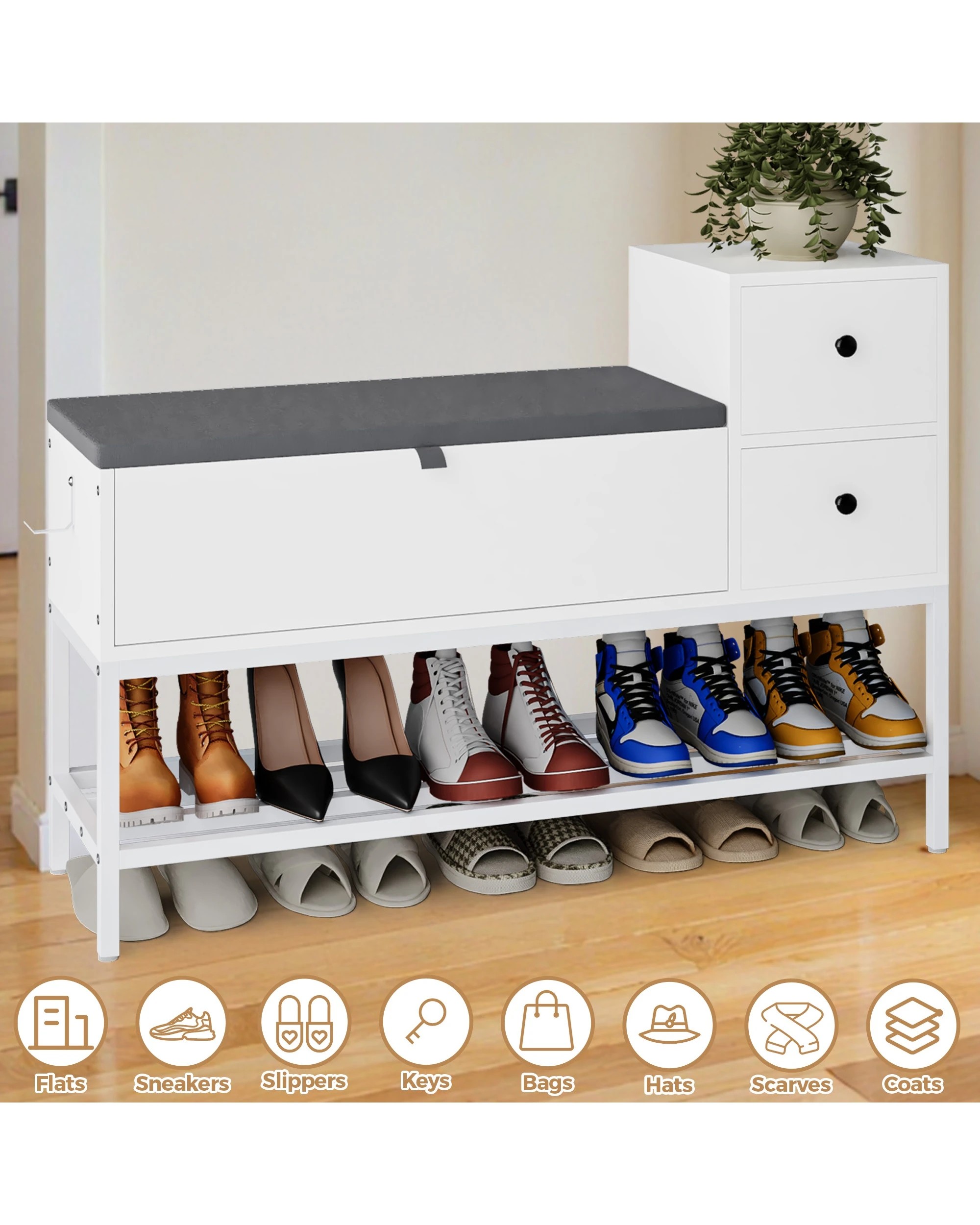 5 Advwin Shoe Rack Bench w/ Flip Top Cabinet & Drawers Shoe Organiser with Cushion & Side Hook, 5 of 9