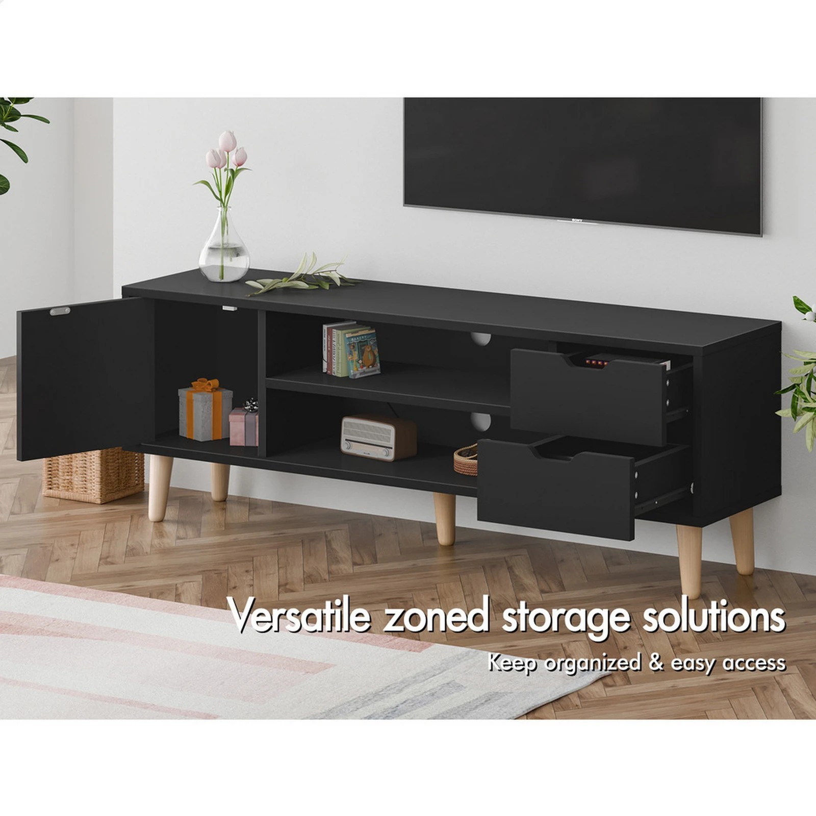 4 Alfordson Entertainment Unit 120cm TV Cabinet Stand Storage Drawer - Black, 4 of 10
