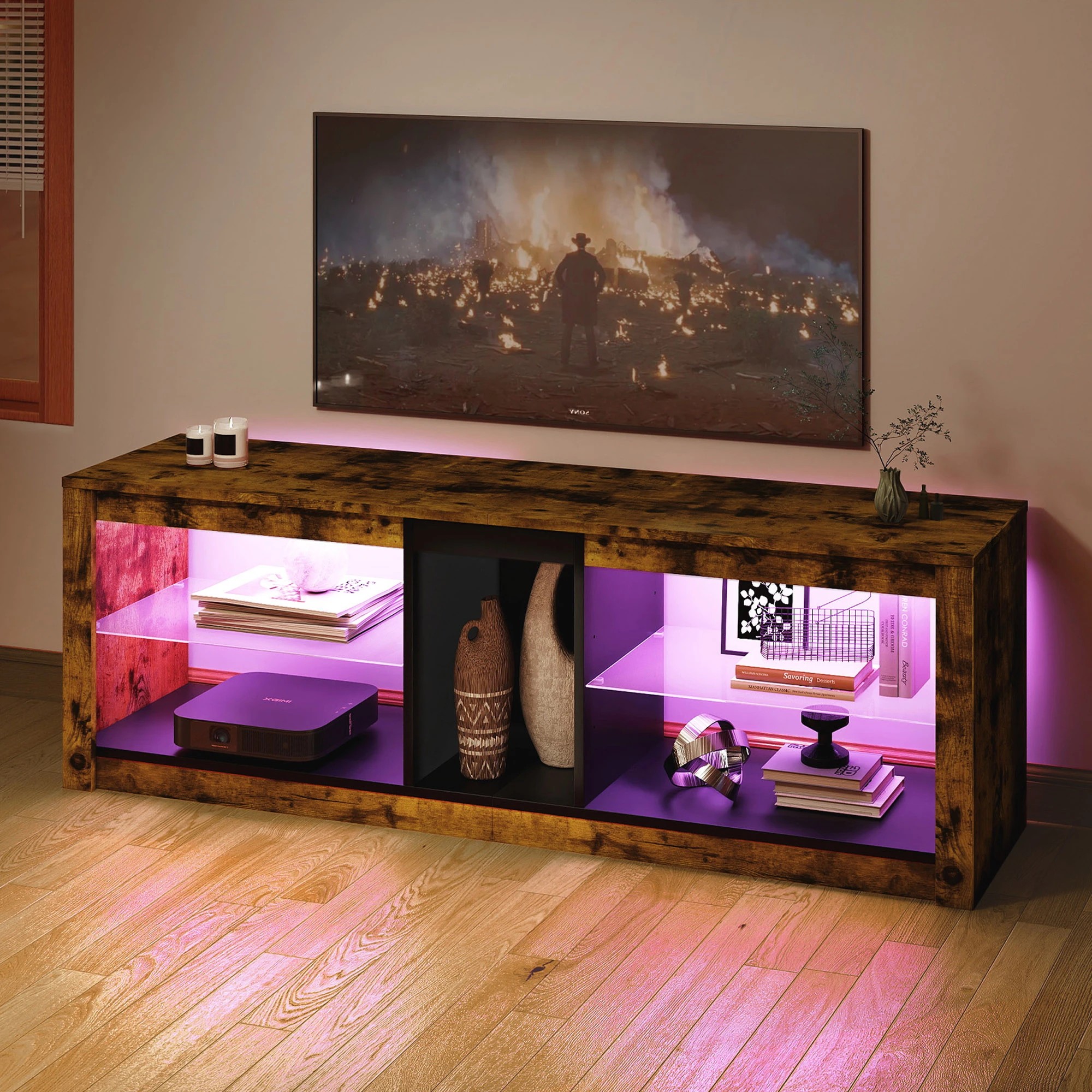 8 Levede TV Unit Stand Cabinet  with LED Lights 140cm - Brown, 8 of 10