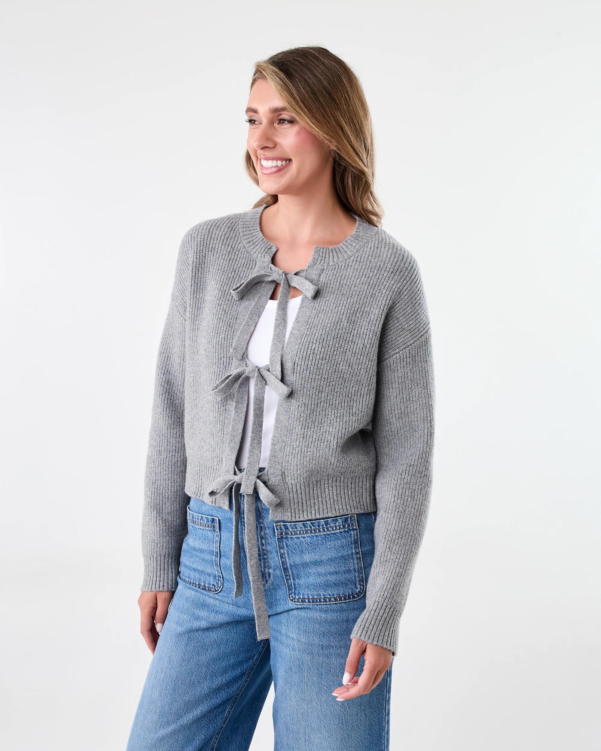 2 Tie Up Ribbed Cardigan Grey Marle, 2 of 8