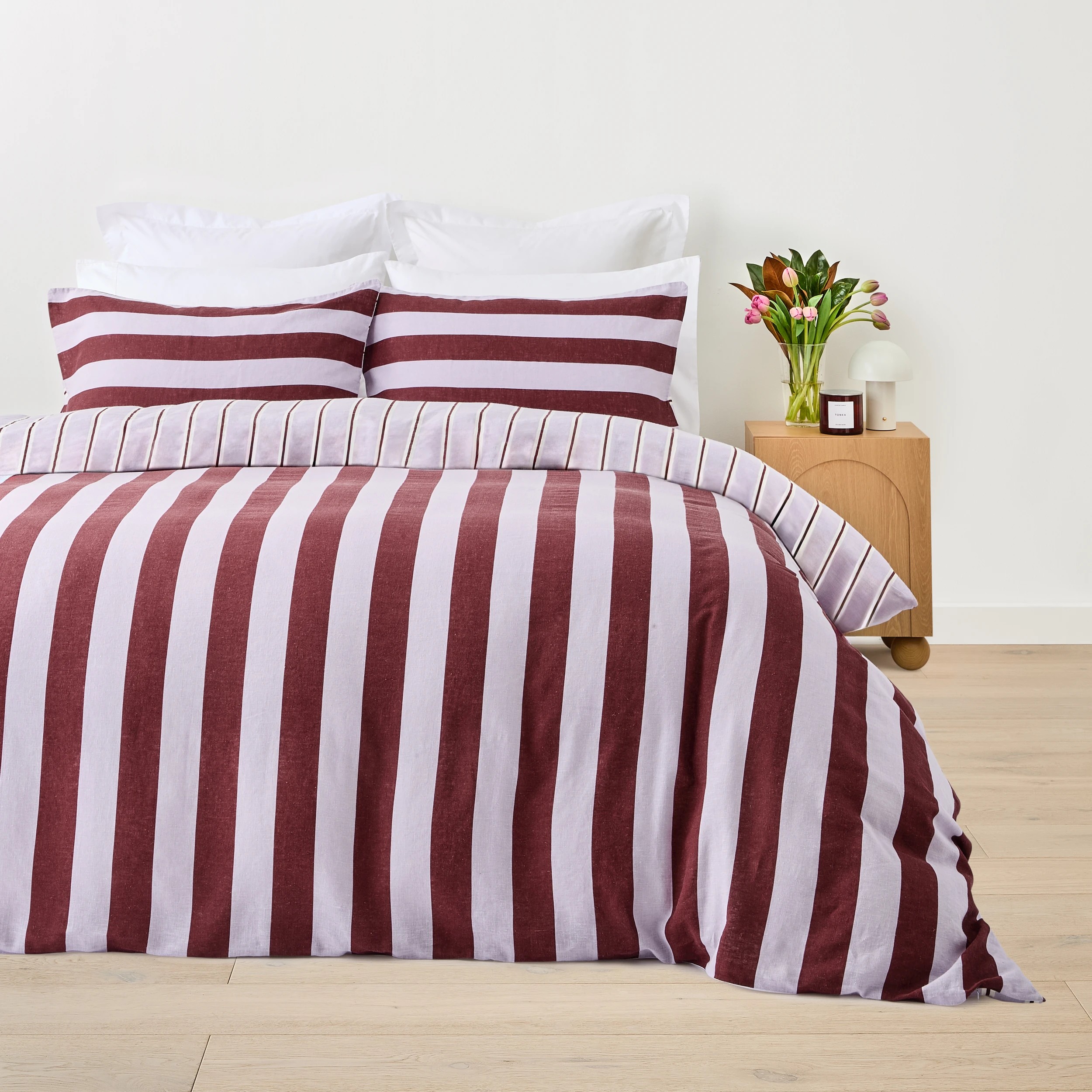 1 Stripe Linen Cotton Quilt Cover Set - Queen Bed, Port and Lilac, 1 of 8