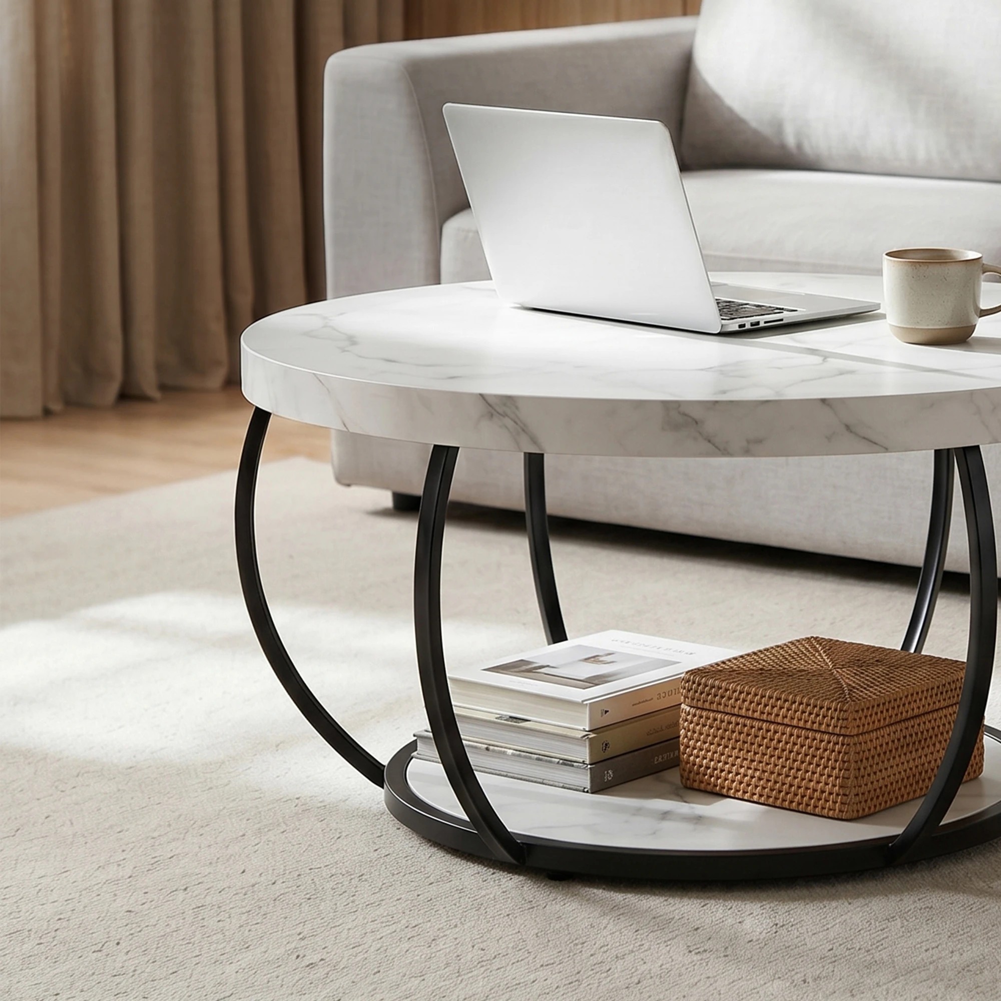 5 Artiss Coffee Table 2-Tier Marble Finish Round Sofa Side Table 80CM - Multi, 5 of 7
