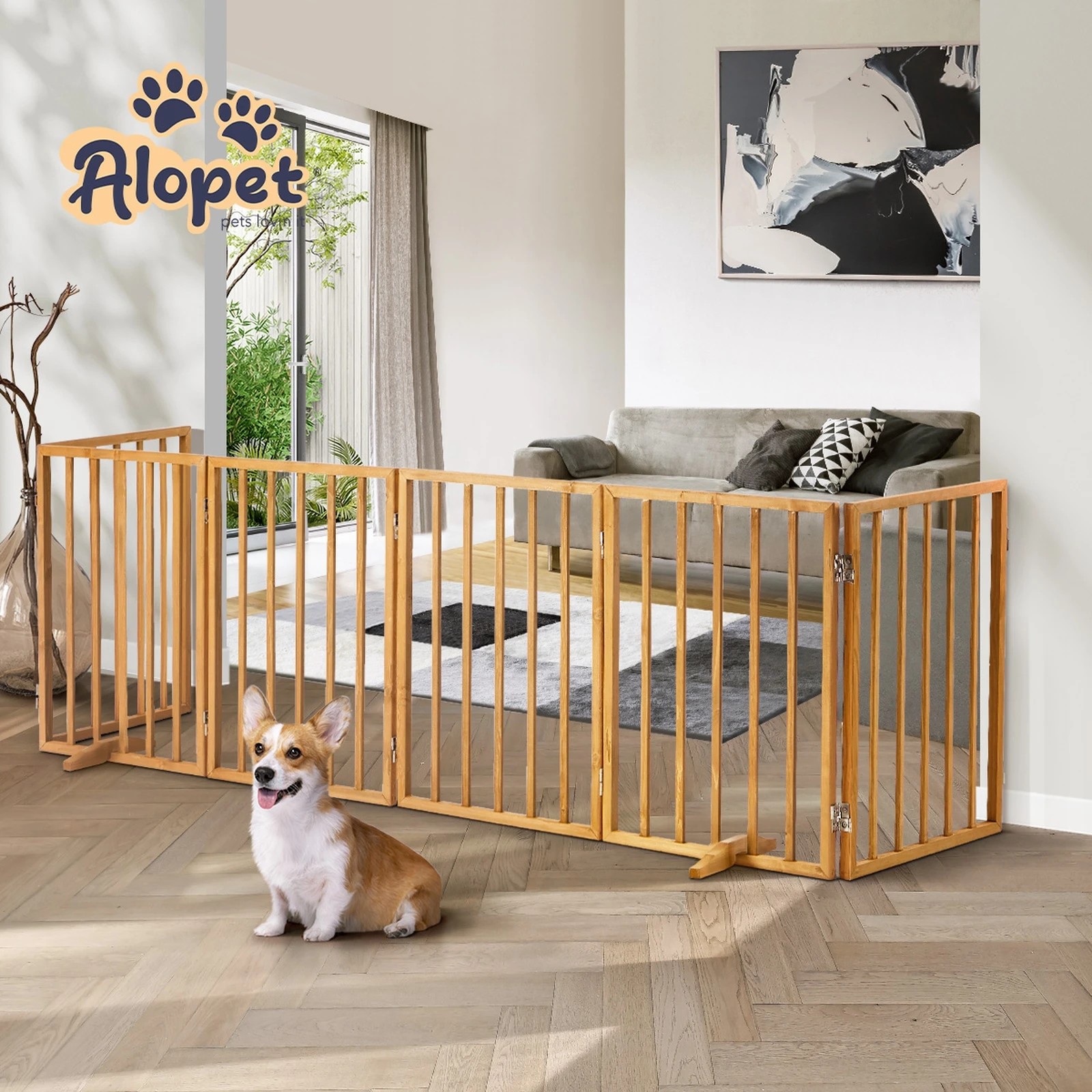 8 Alopet Wooden Pet Gate Dog Fence Playpen Safety Stair Barrier 6 Panels - Natural, 8 of 10